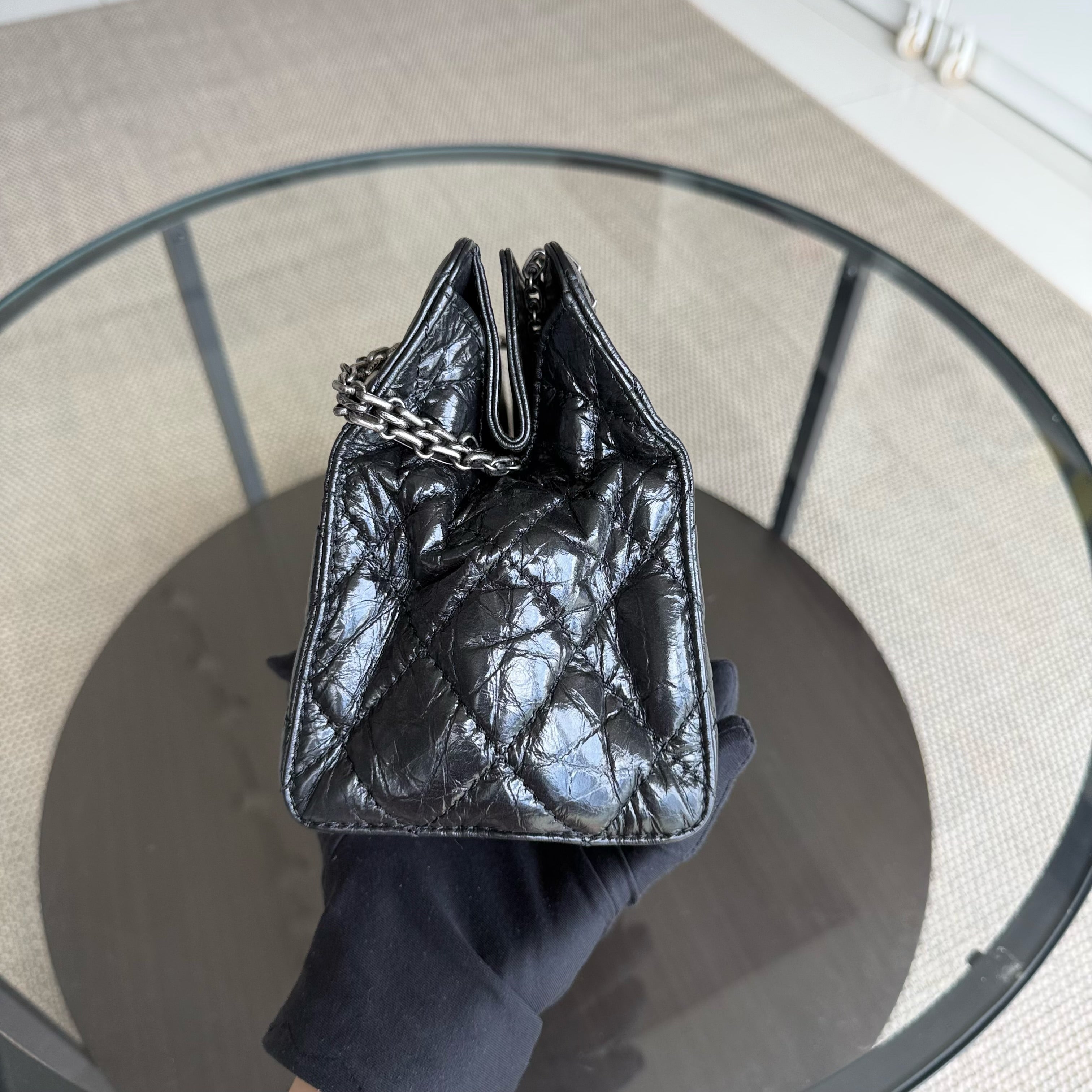 Chanel 2.55 Small Shopping Tote - Quilted Black Glazed Calfskin Silver Hardware Series 20