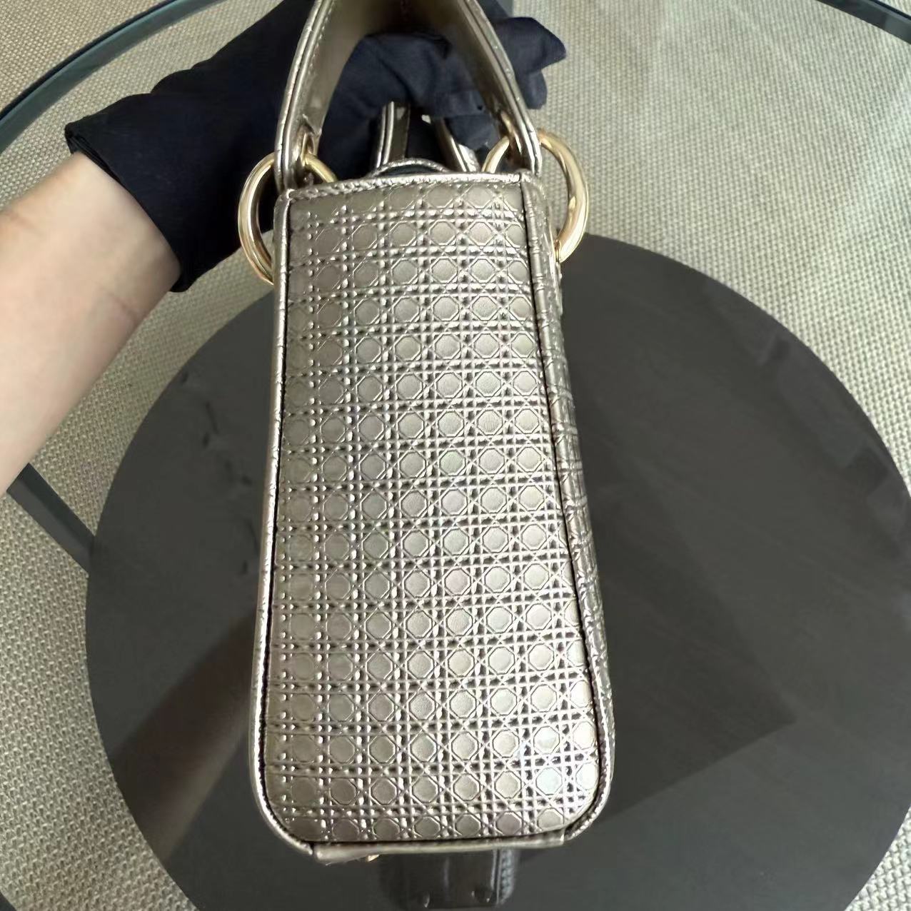 Dior Lady Mini - Metallic Micro-Cannage Glazed Calfskin Gold Hardware Chain Strap