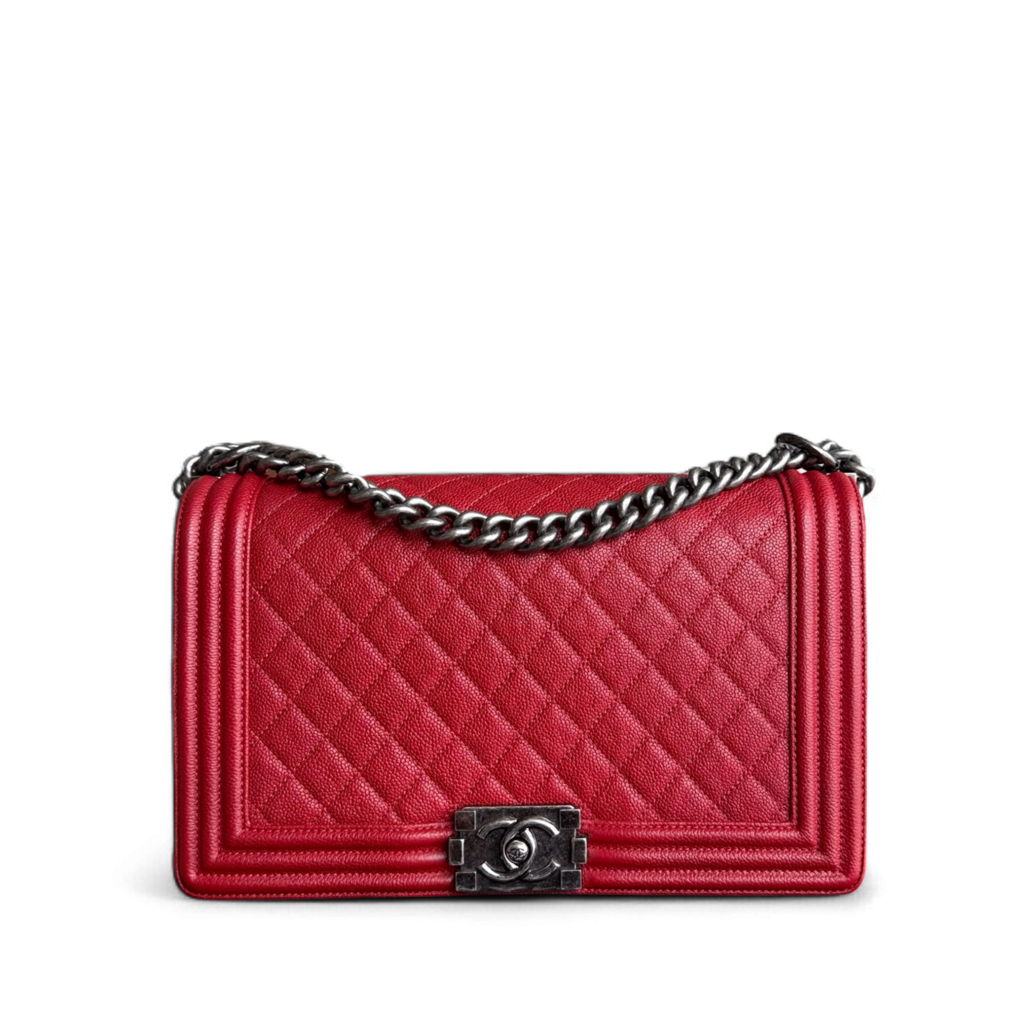 Chanel Boy Medium - Caviar 28CM Quilted Dark Red Ruthenium Silver Hardware Series 23