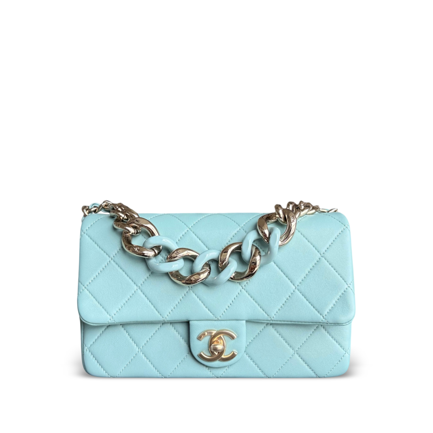 Chanel 2020 Elegant Resin Chain Seasonal Flap - Quilted Lambskin Tiffany Blue GHW No 29