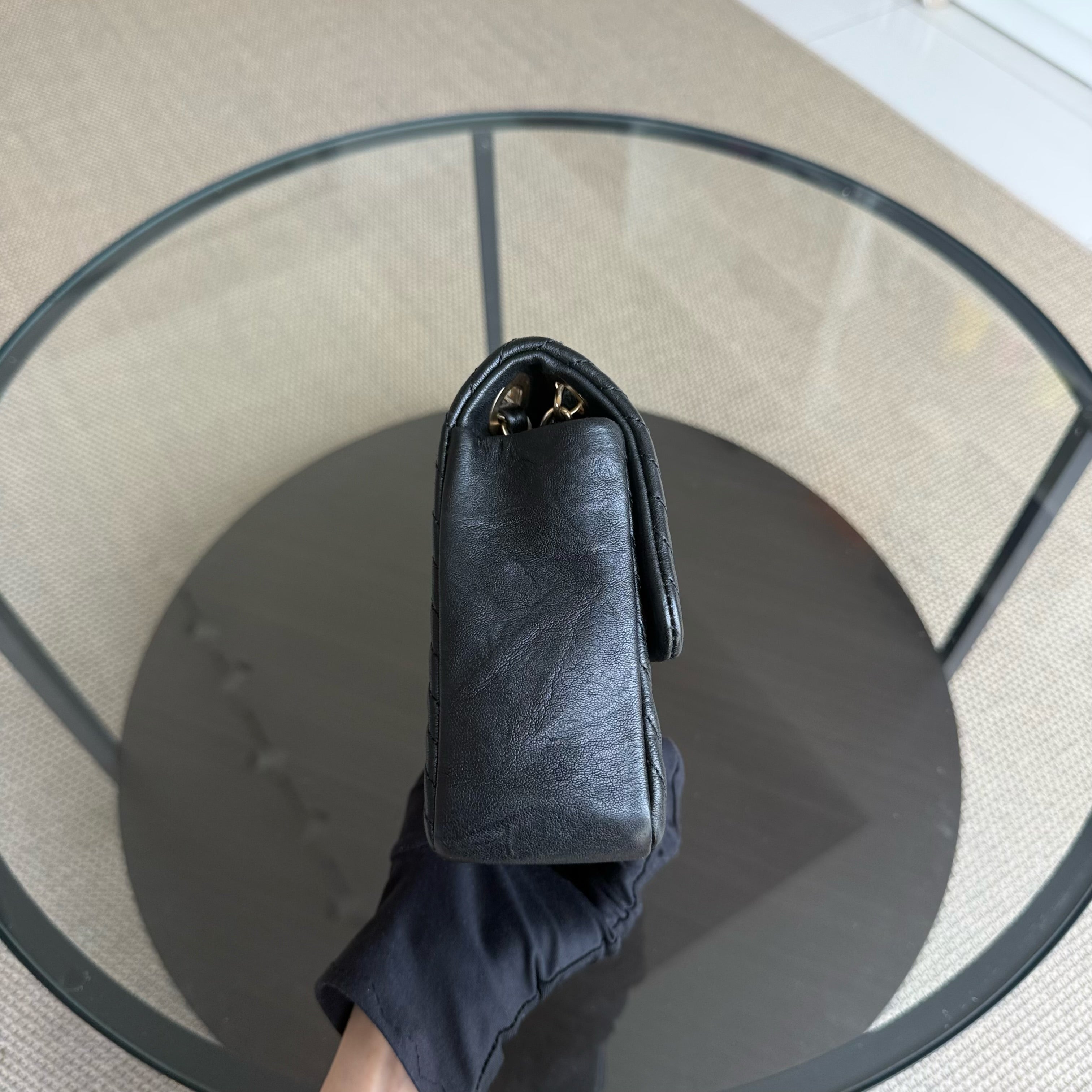 Chanel Seasonal Flap - Chevron Surpique CC Herringbone Medallion Calfskin Flap Black Gold Hardware Series 22