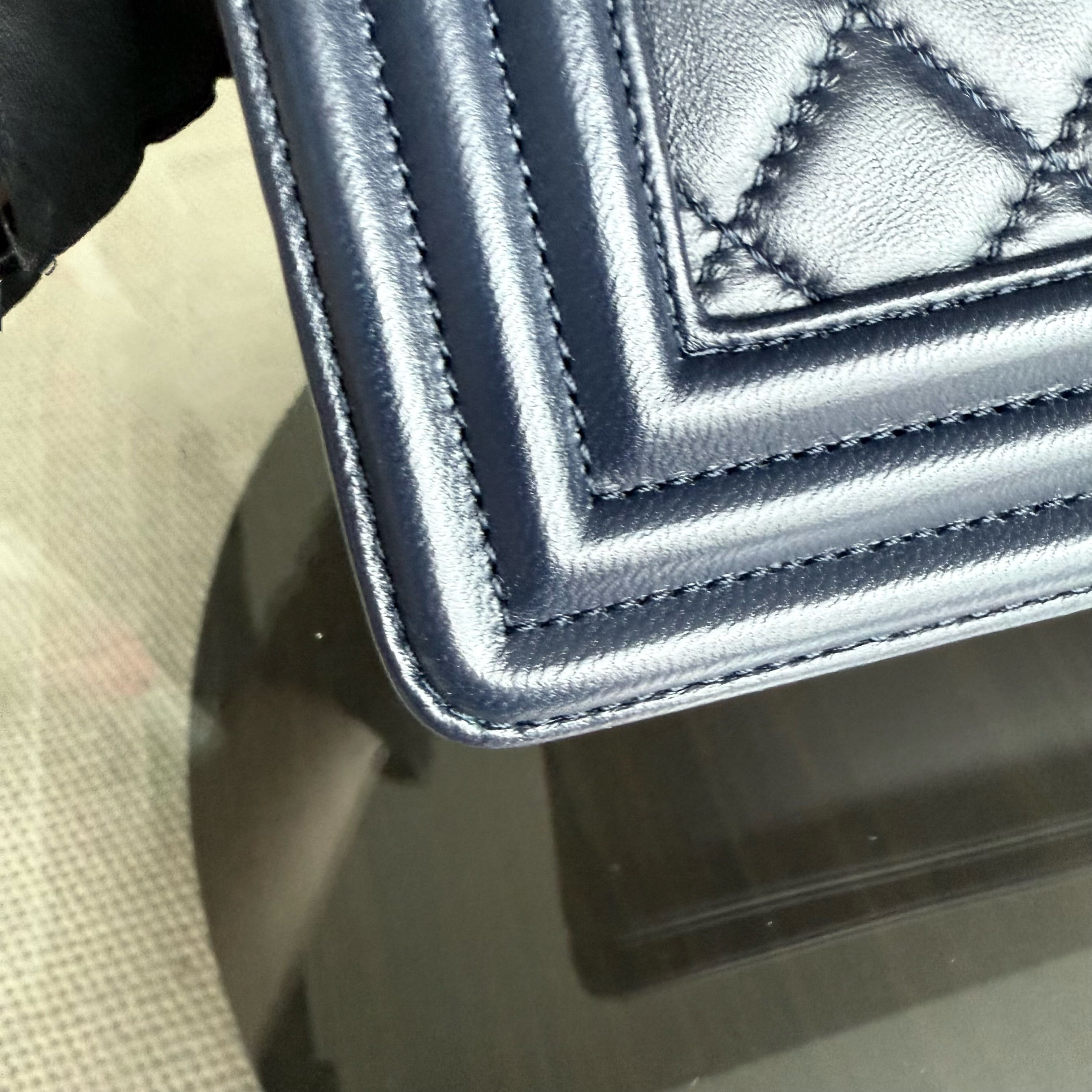 Chanel Boy New Medium - 28CM Quilted Lambskin Dark Blue Gold Hardware Series 22