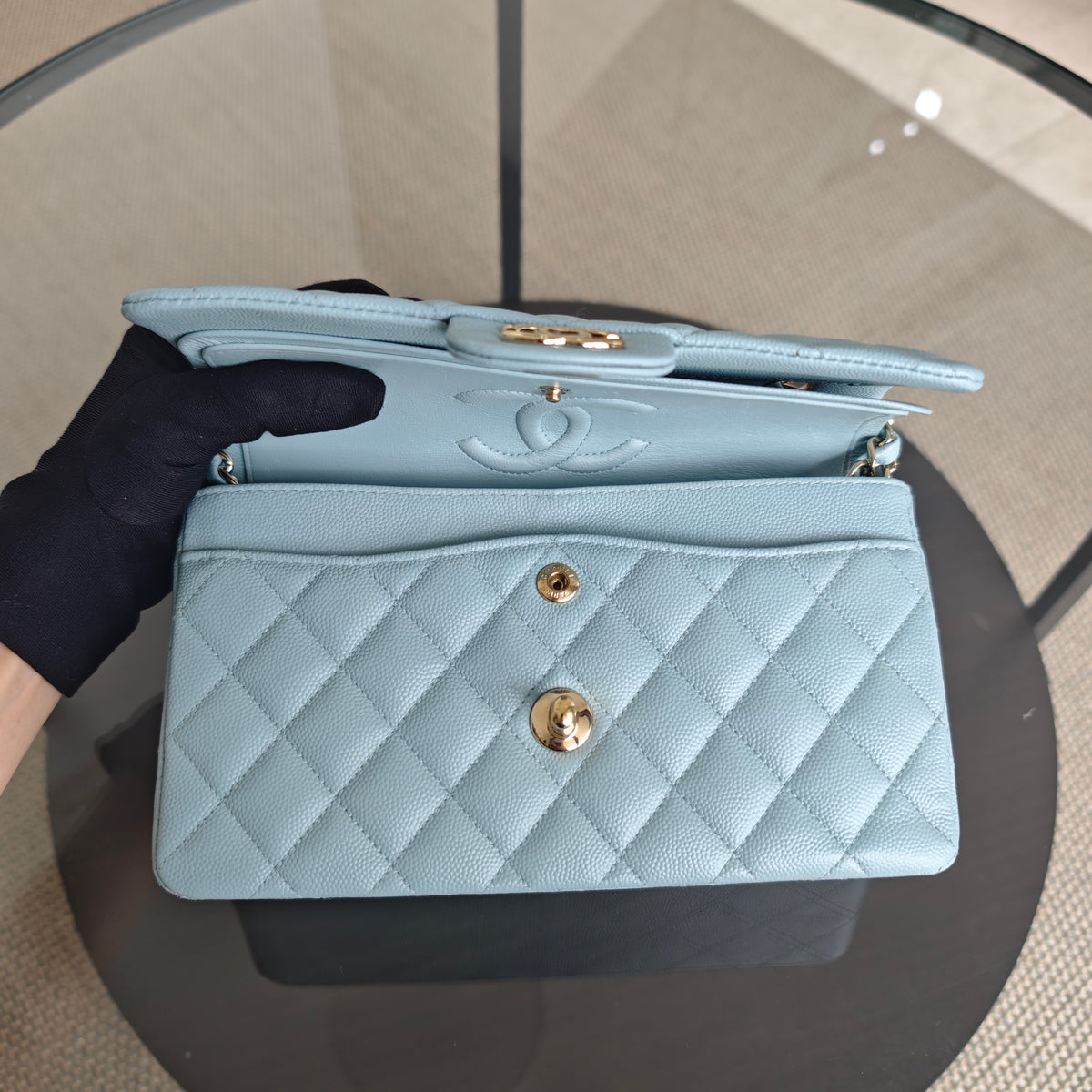 Chanel Classic Flap Small - Caviar 23CM Quilted Baby Blue Light Gold Hardware Microchip
