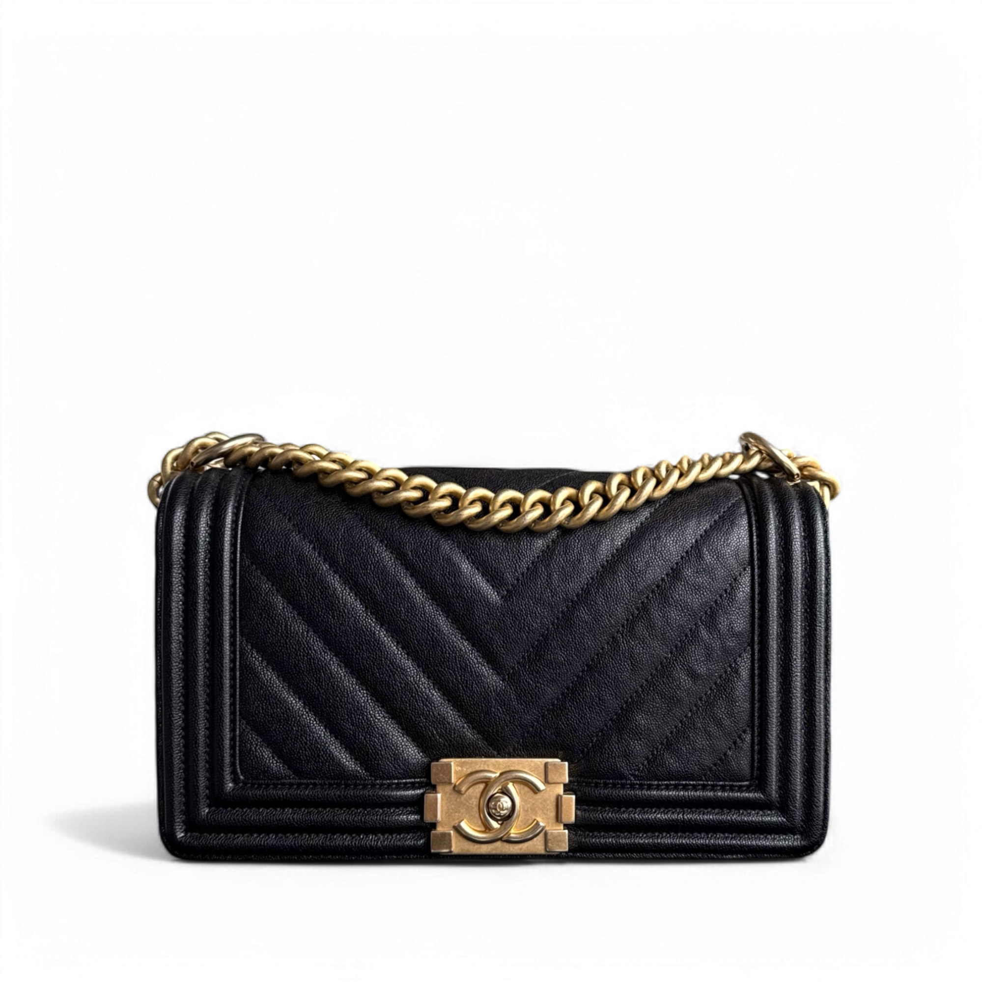 Chanel Boy Medium - Caviar 25CM Chevron Black Gold Hardware Series 26