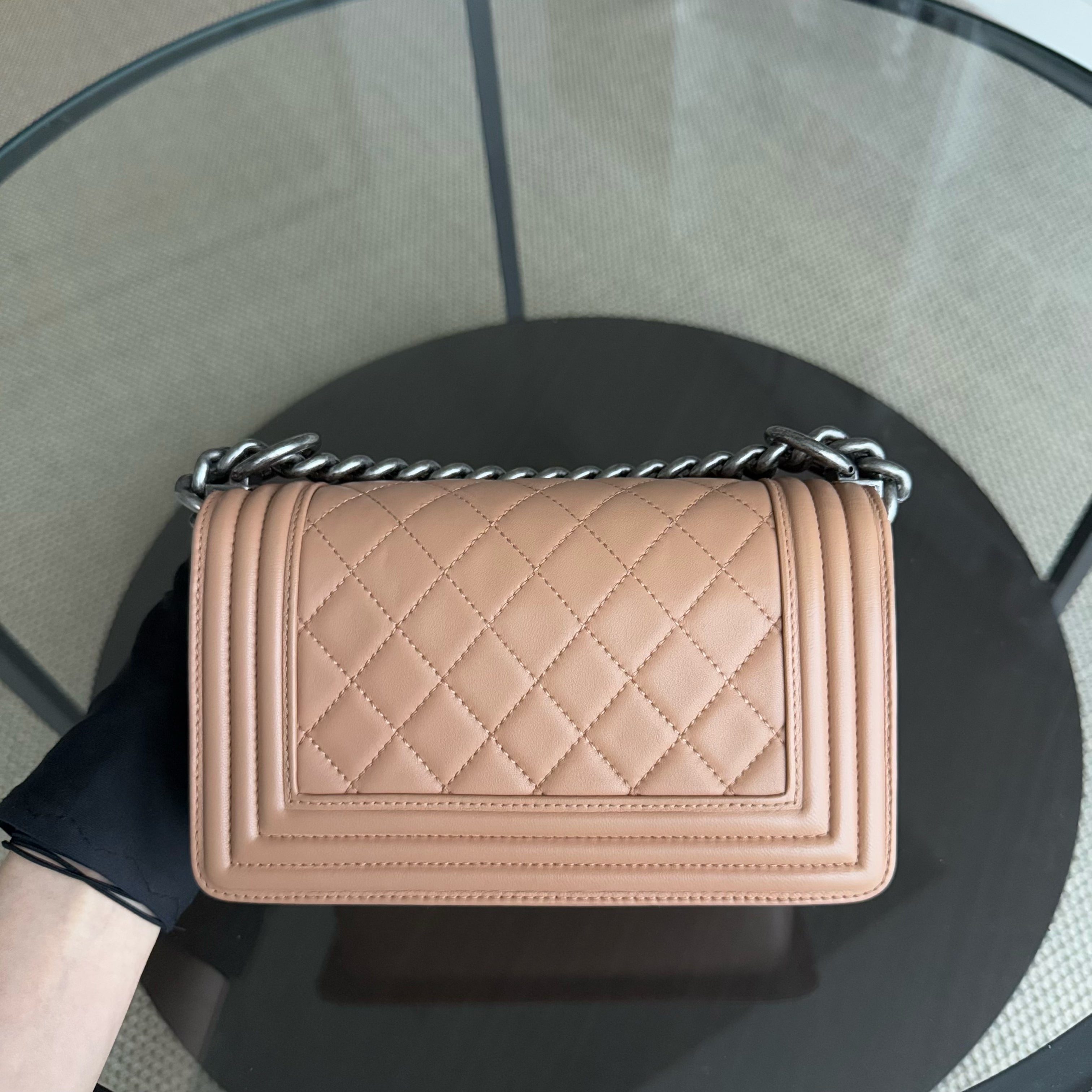 Chanel Boy Small - 20CM Quilted Lambskin Blush Caramel Ruthenium Silver Hardware Series 16