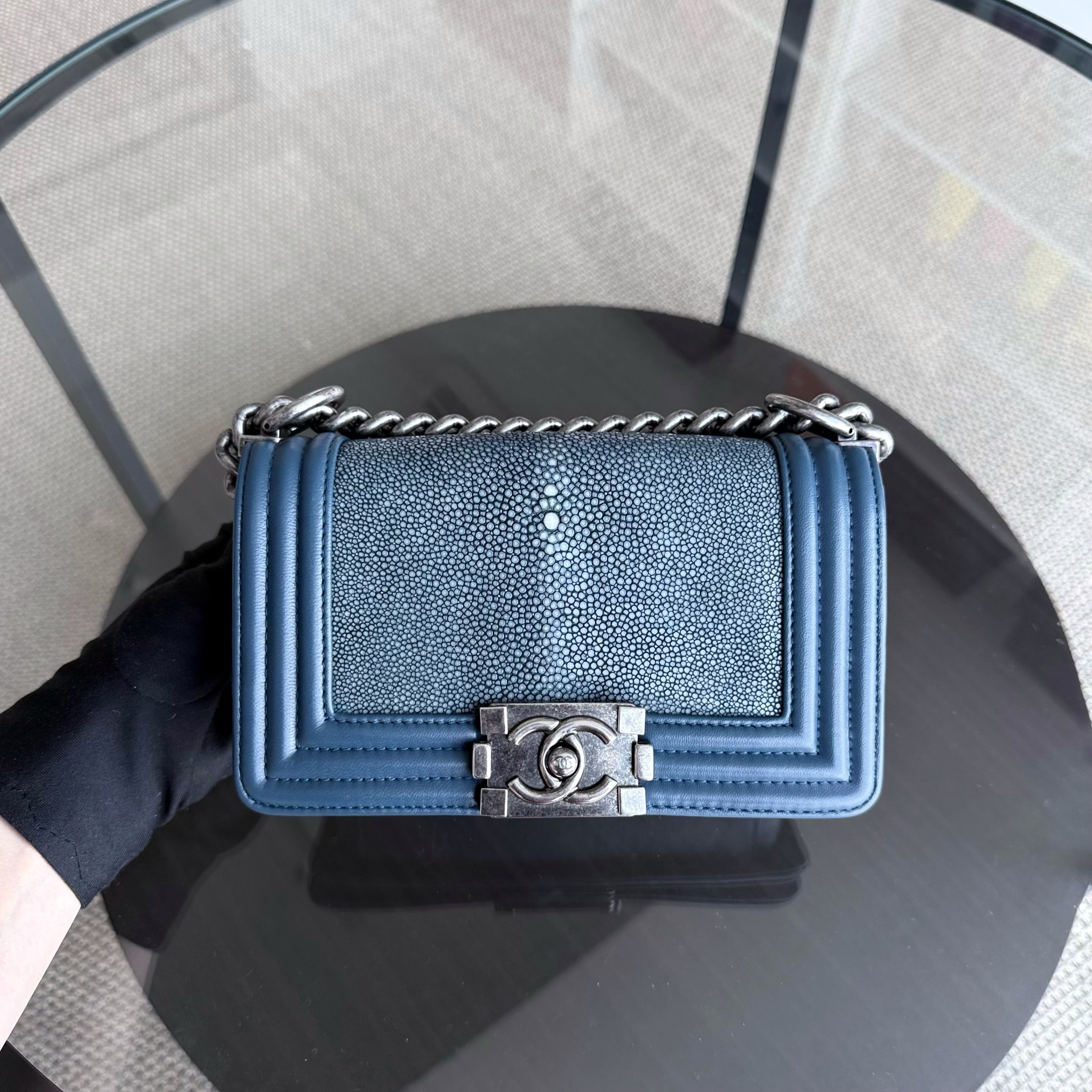 Chanel Boy Small - Small Galuchat Stingray Blue Ruthenium Silver Hardware Series 16