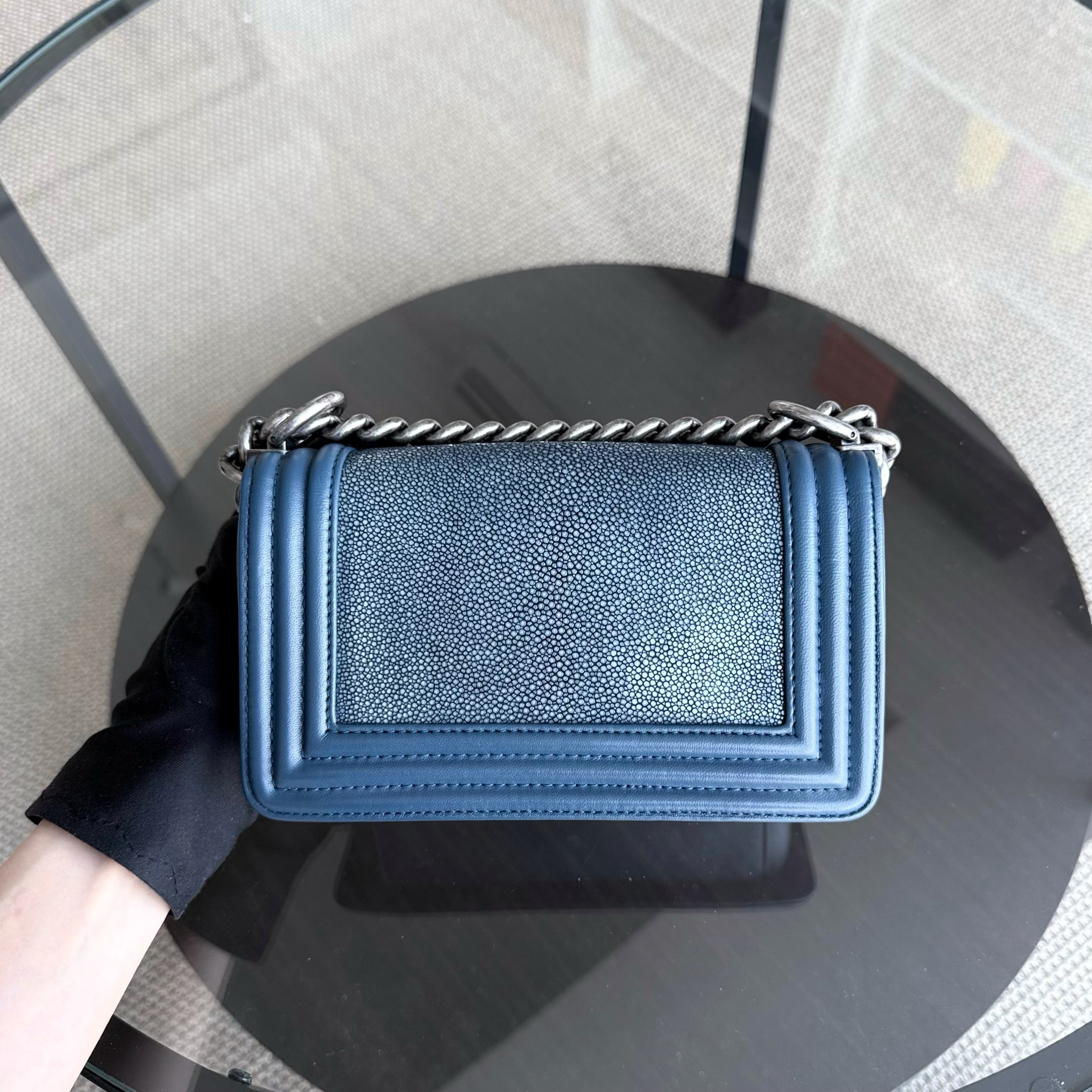 Chanel Boy Small - Small Galuchat Stingray Blue Ruthenium Silver Hardware Series 16