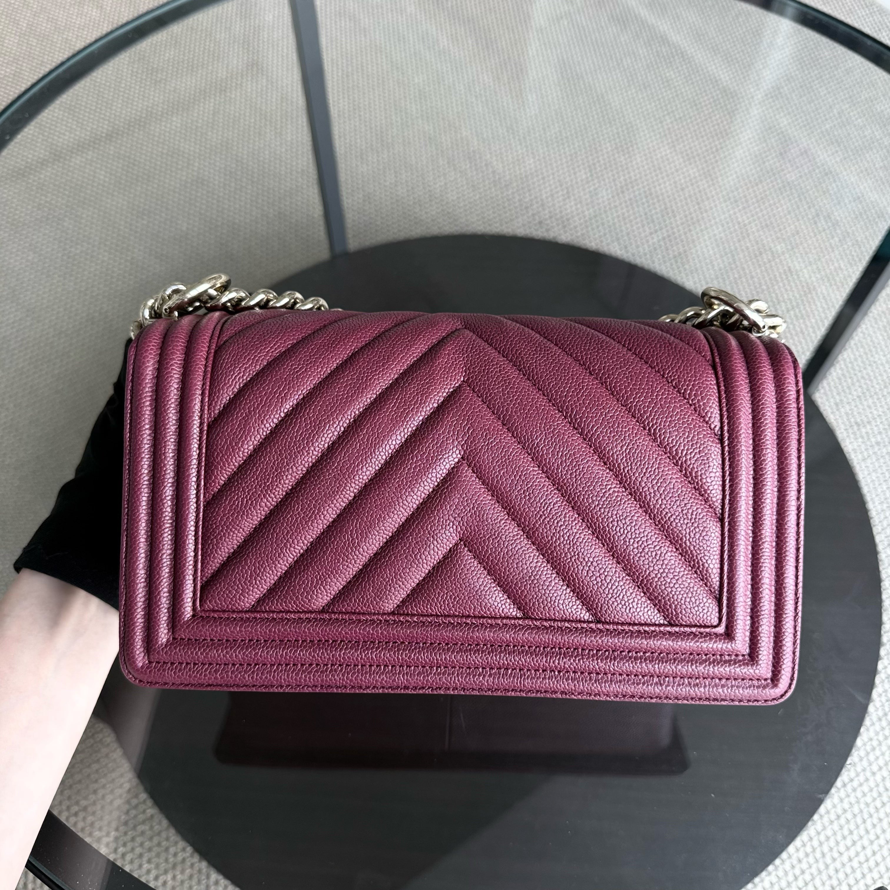 Chanel Boy Medium - Caviar 25CM Chevron Burgundy Gold Hardware Series 28