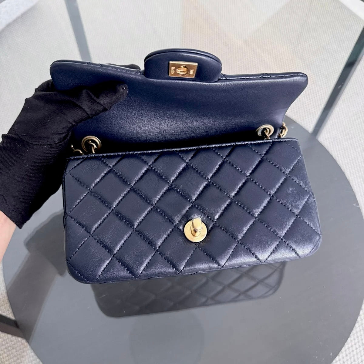 Chanel Classic Flap Mini - 20CM Rectangle Pearl Crush Quilted Lambskin Dark Blue Gold Hardware Series 30