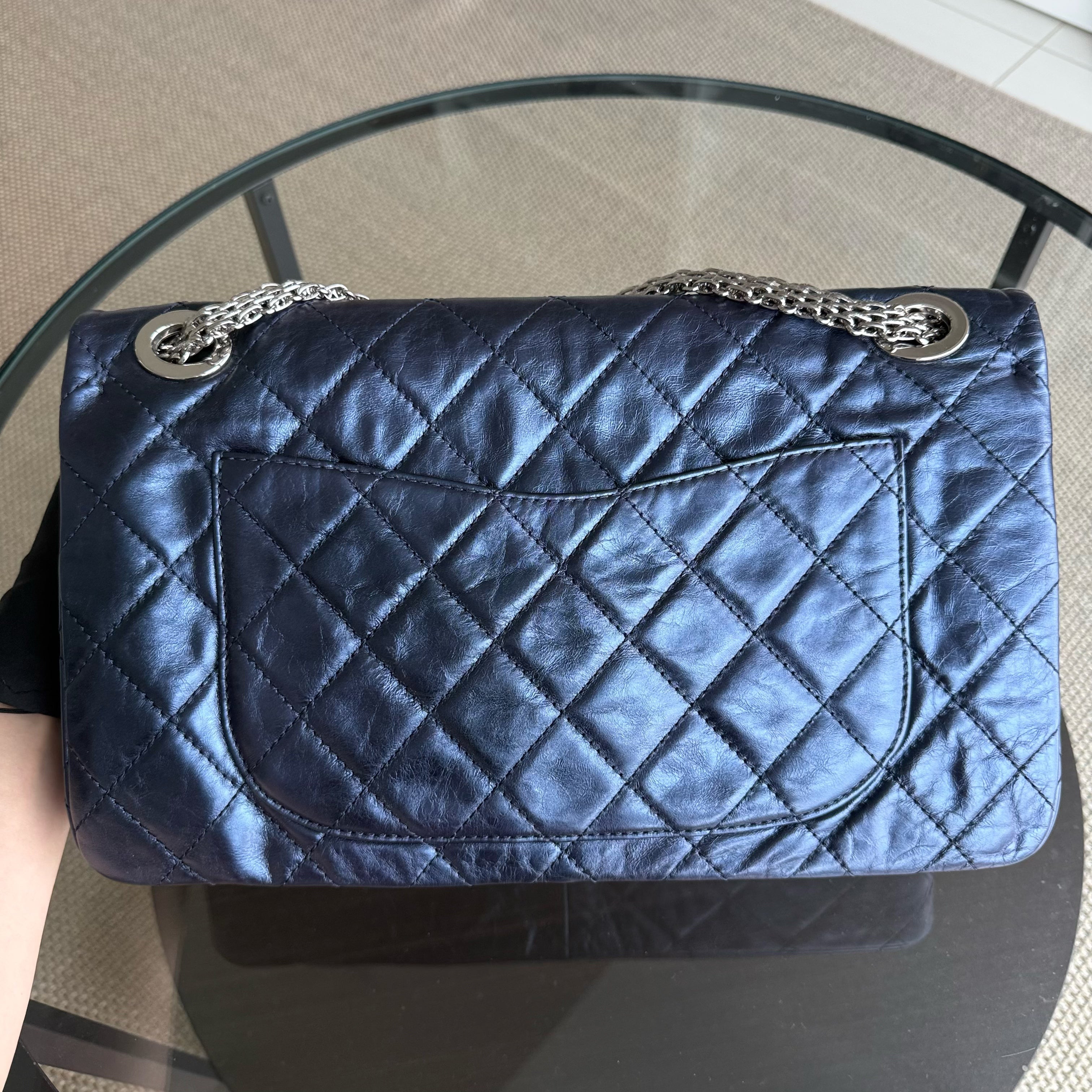 Chanel 2.55 Reissue 228 Maxi - 35CM Quilted Metallic Calfskin Blue Ruthenium Silver Hardware Series 12