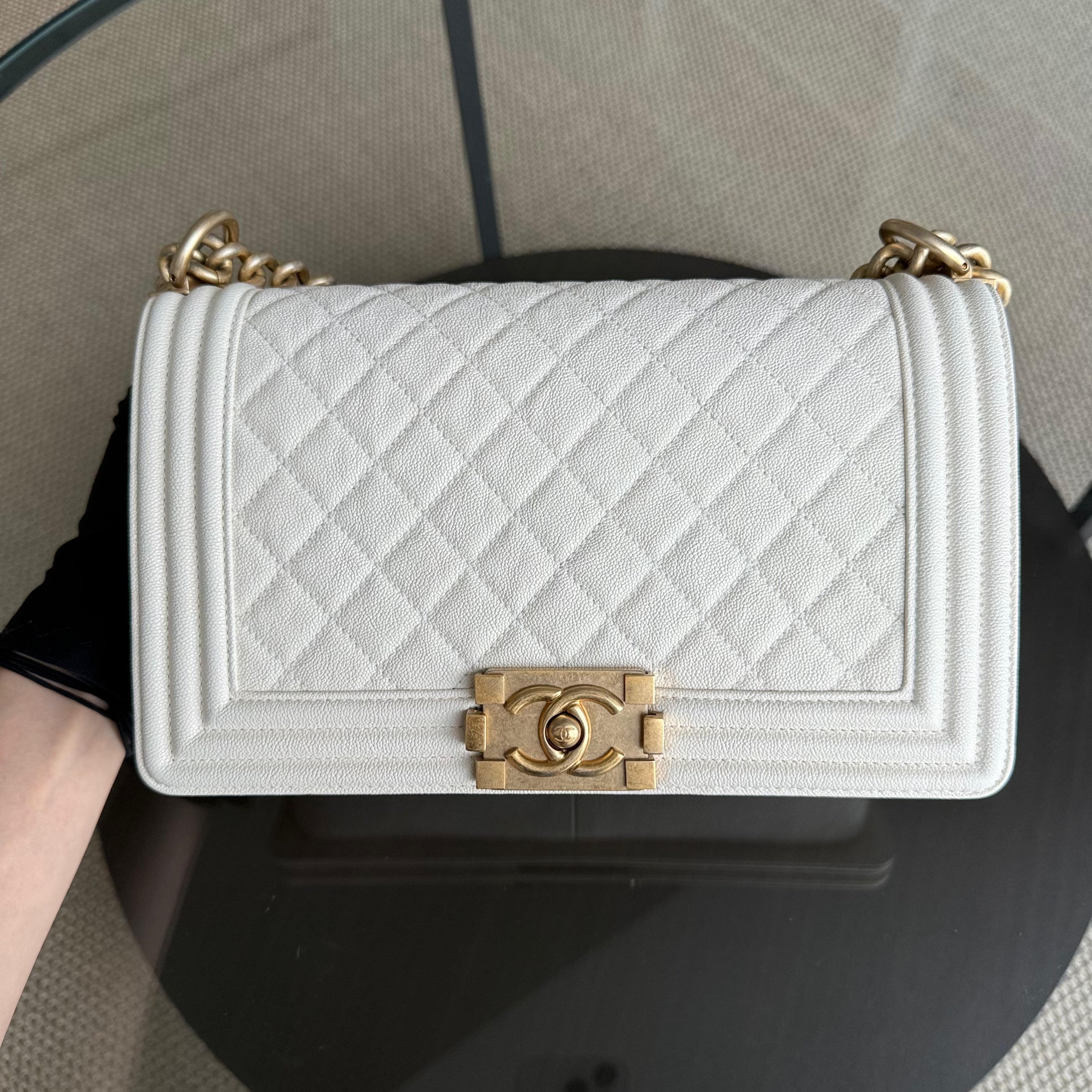 Chanel Boy Medium - Caviar 25CM Quilted Cream White Aged Gold Hardware Series 27