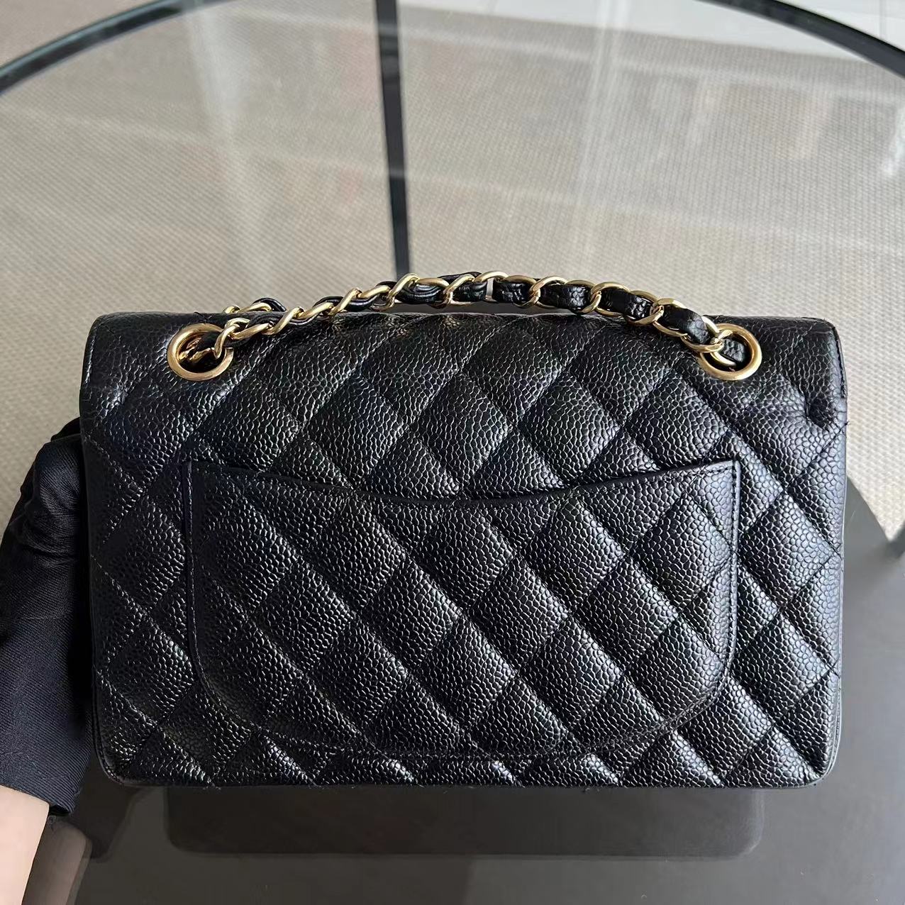 Small Caviar Classic Flap Quilted Grained Calfskin Black Golden Hardware Series 15