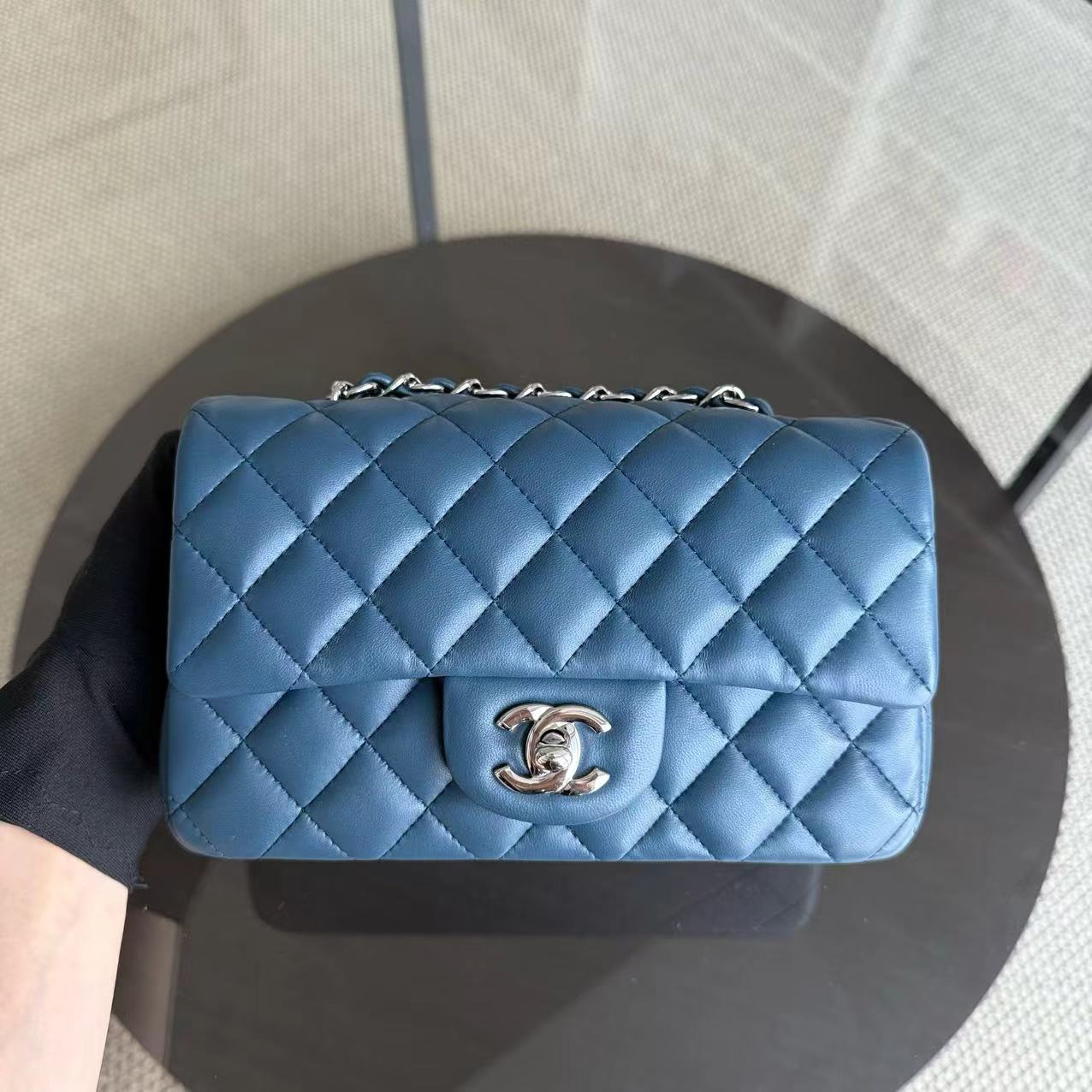 Chanel Classic Flap Mini - 20CM Rectangle Quilted Lambskin Dark Blue Silver Hardware