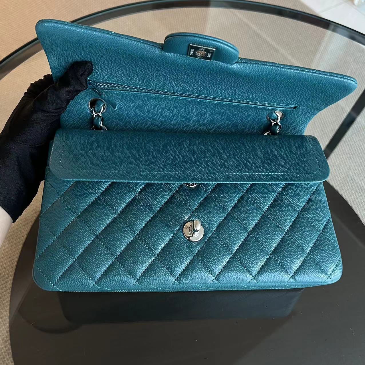 *Unused* Chanel Caviar Medium Classic Flap Quilted Calfskin Green Blue SHW No 26