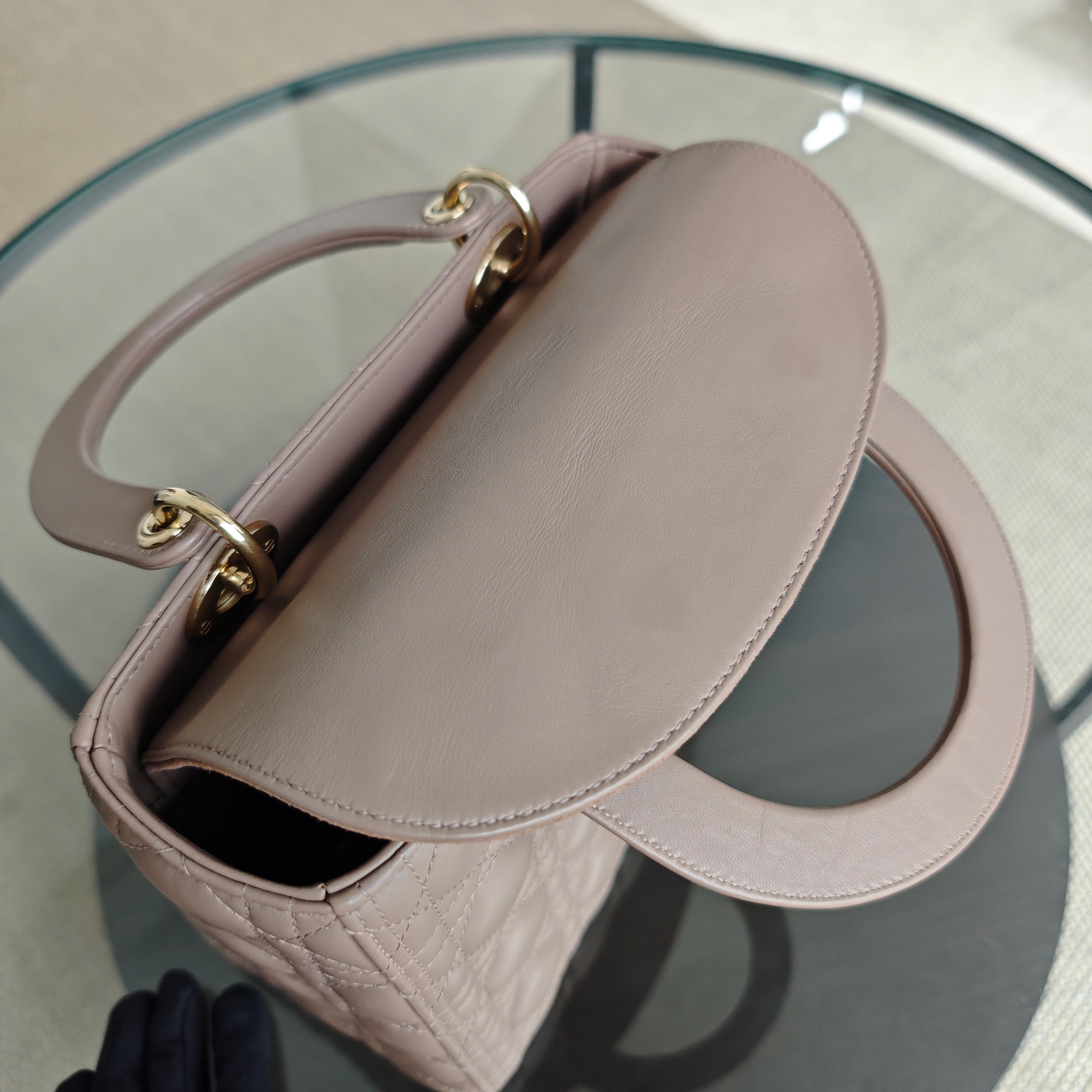 Dior Lady Flap Medium - Cannage Lambskin Dark Blush Gold Hardware Adjustable Strap