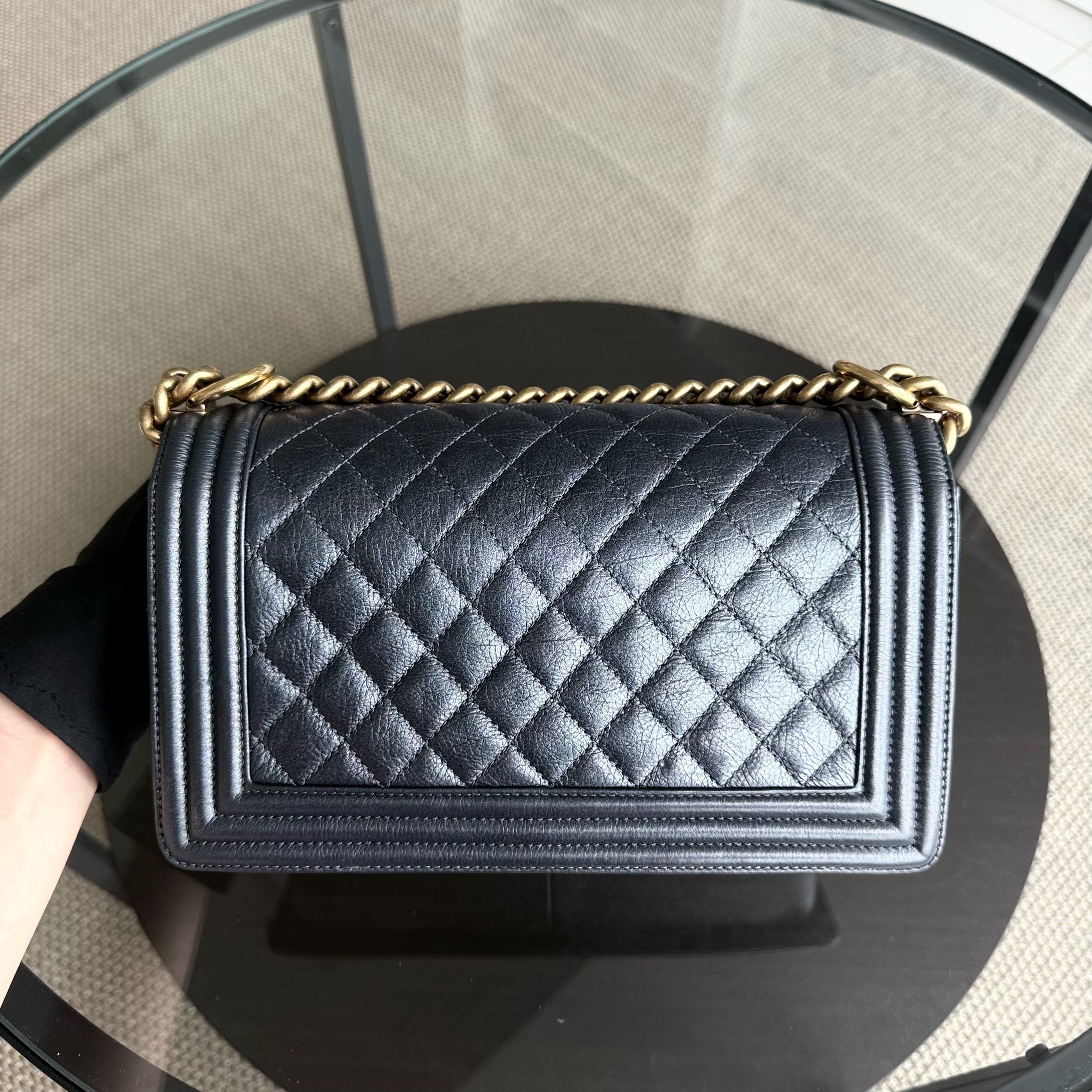 Chanel Boy Medium - Calfskin 25CM Quilted Iridescent Charcoal Black Aged Gold Hardware Series 20