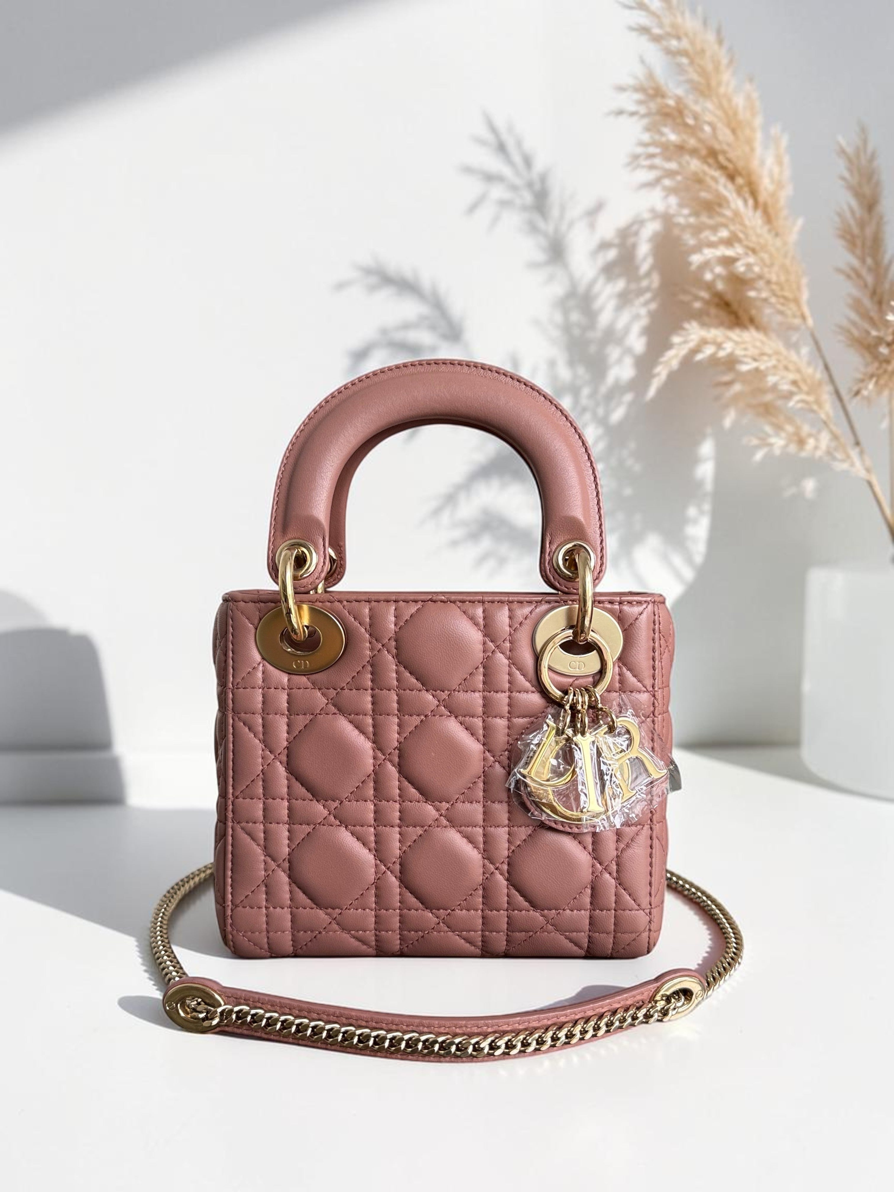 Dior Lady Mini - Cannage Lambskin Blush Gold Hardware Chain Strap