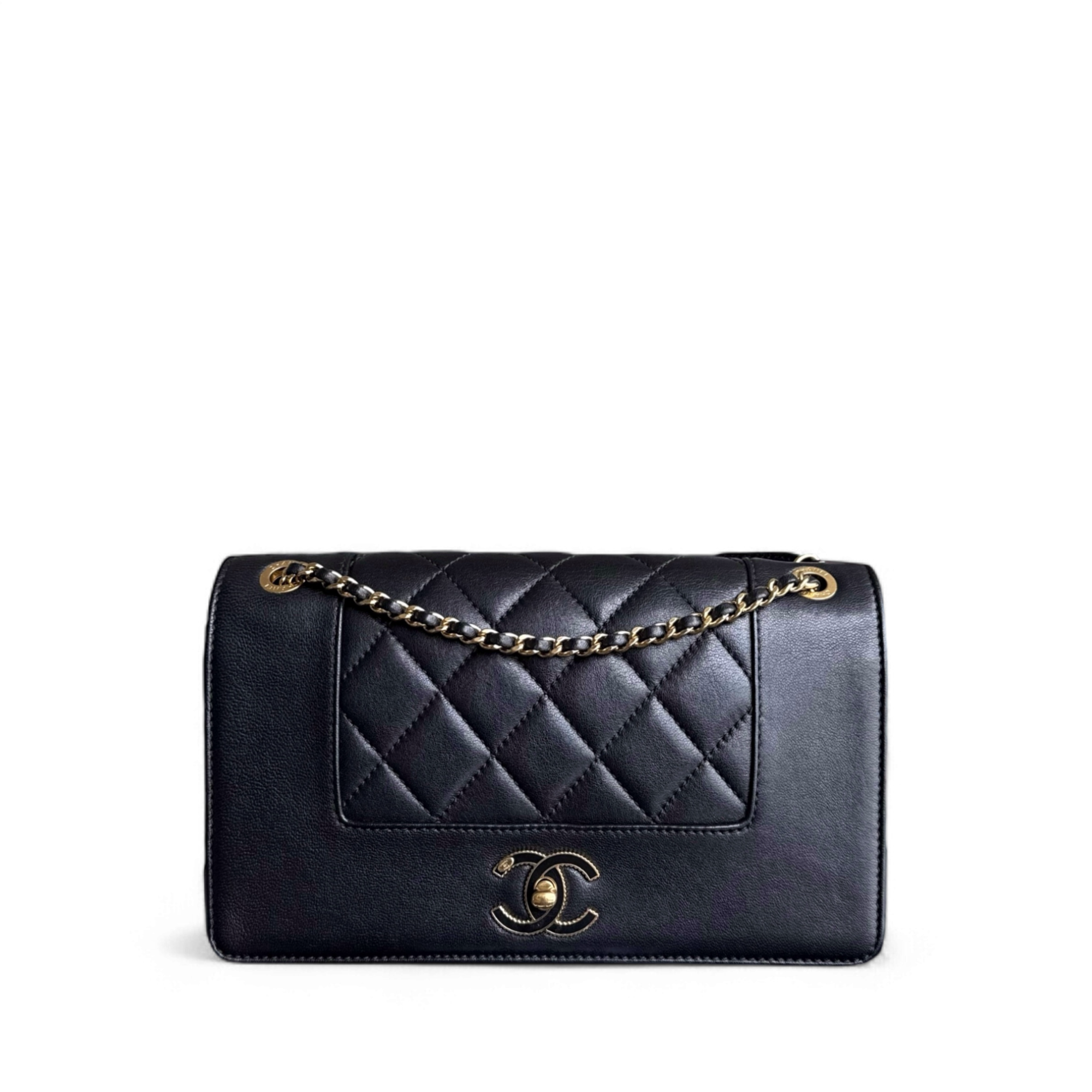 Chanel Seasonal Flap Mademoiselle - 25CM Quilted Lambskin Black Gold Hardware Series 23