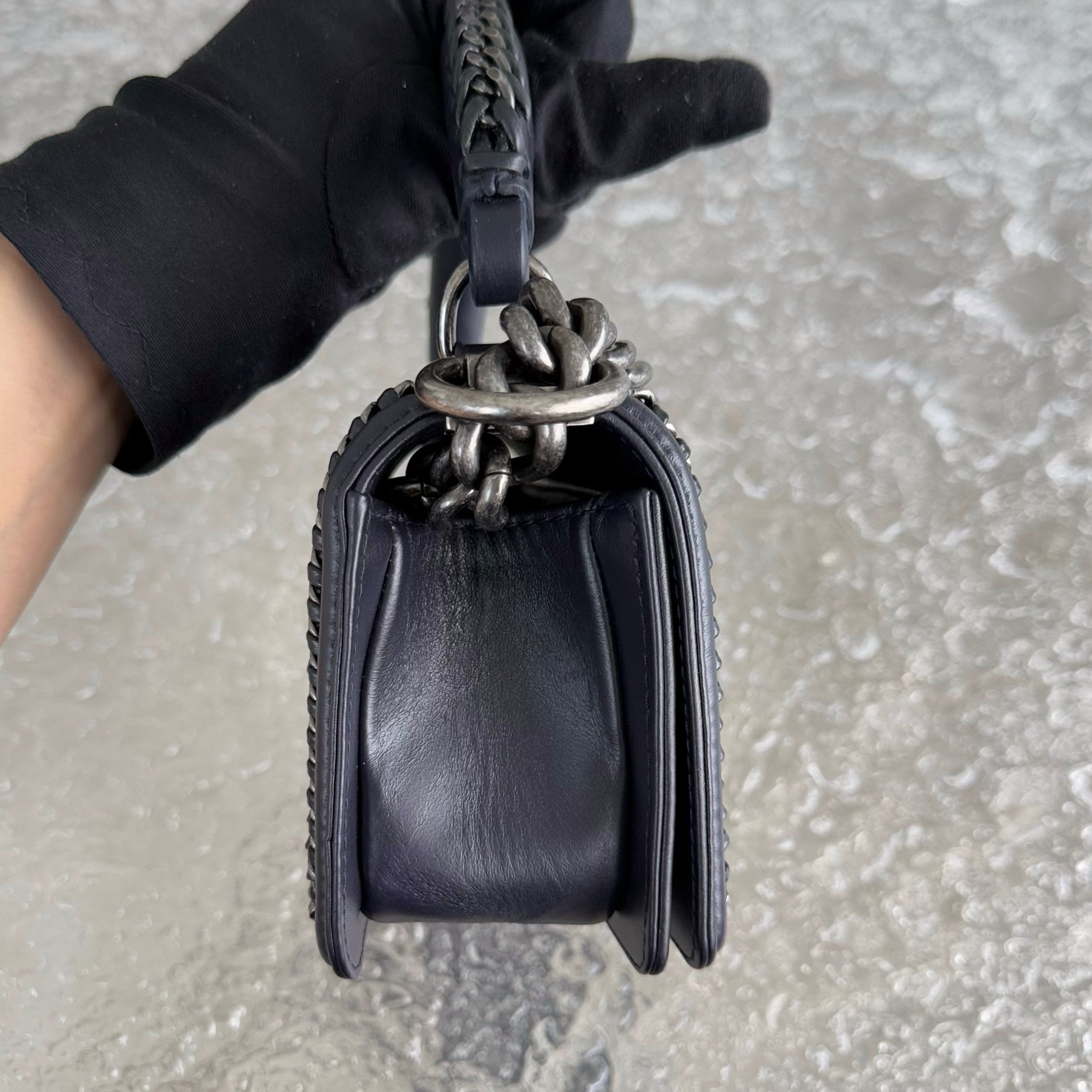 Chanel Boy Small Handle - 20CM Calfskin Chain Around Top Handle Limited Edition Dark Blue Ruthenium Silver Hardware Series 21