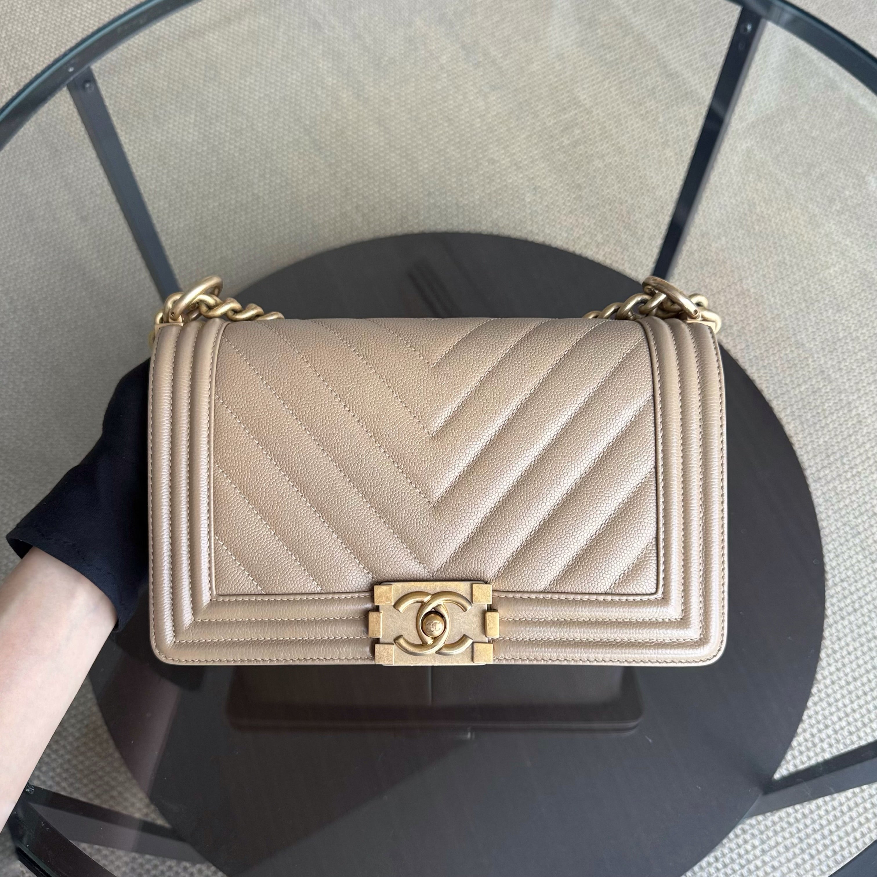 Chanel Boy Medium - Caviar 25CM Chevron Grained Calfskin Beige Gold Hardware Series 25