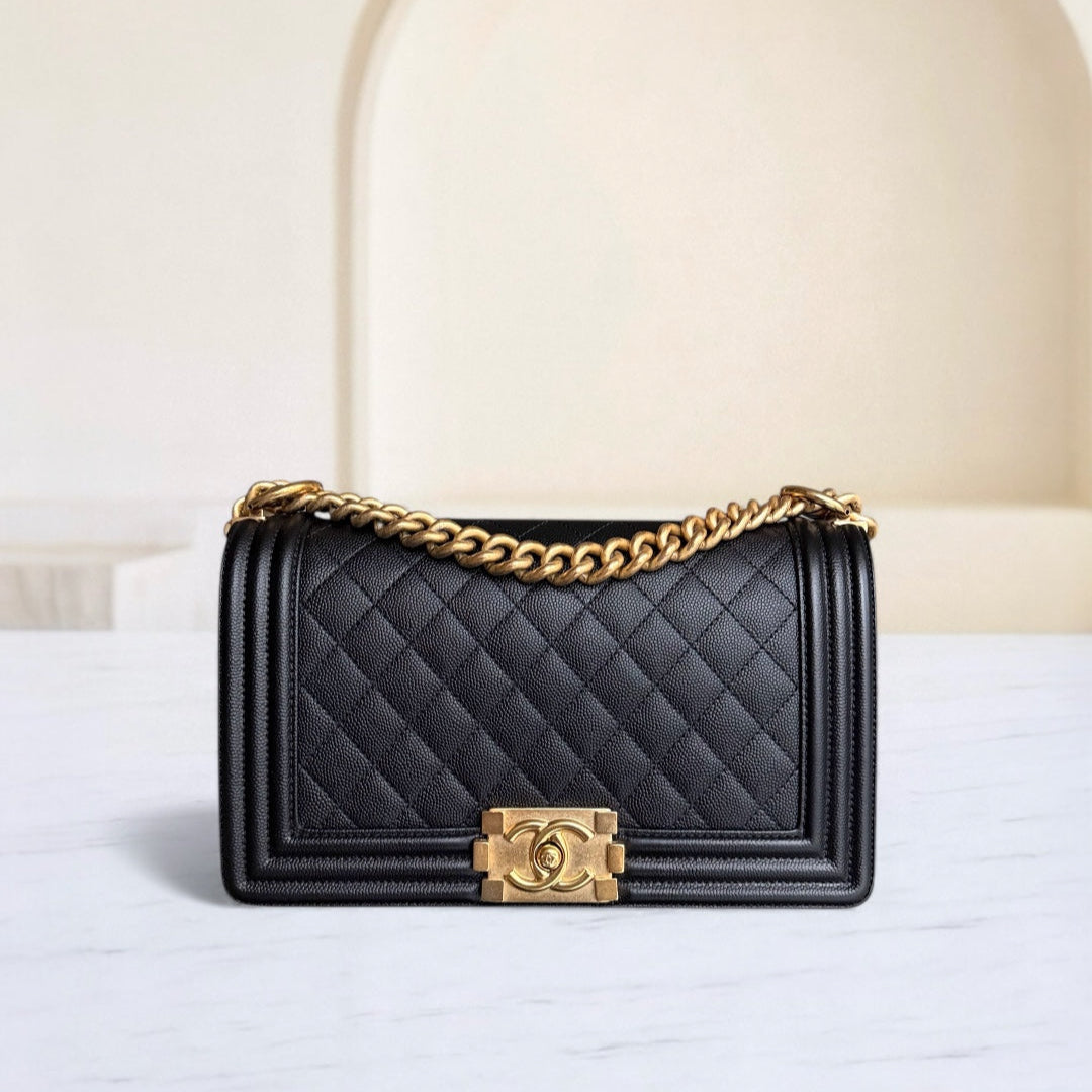 Chanel Boy Medium - Caviar 25CM Quilted Grained Calfskin Black Gold Hardware Series 29