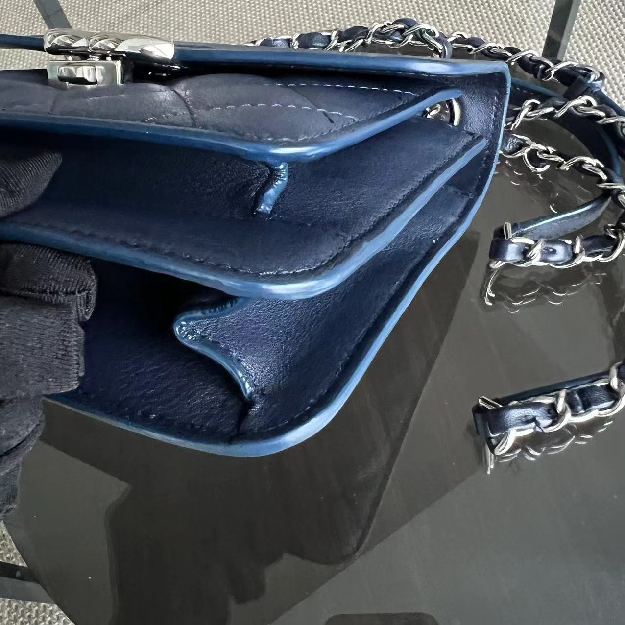 *Full Set, Receipt* Small CC Box Flap Bag Quilted Calfskin Dark Blue Silver Hardware Series 25