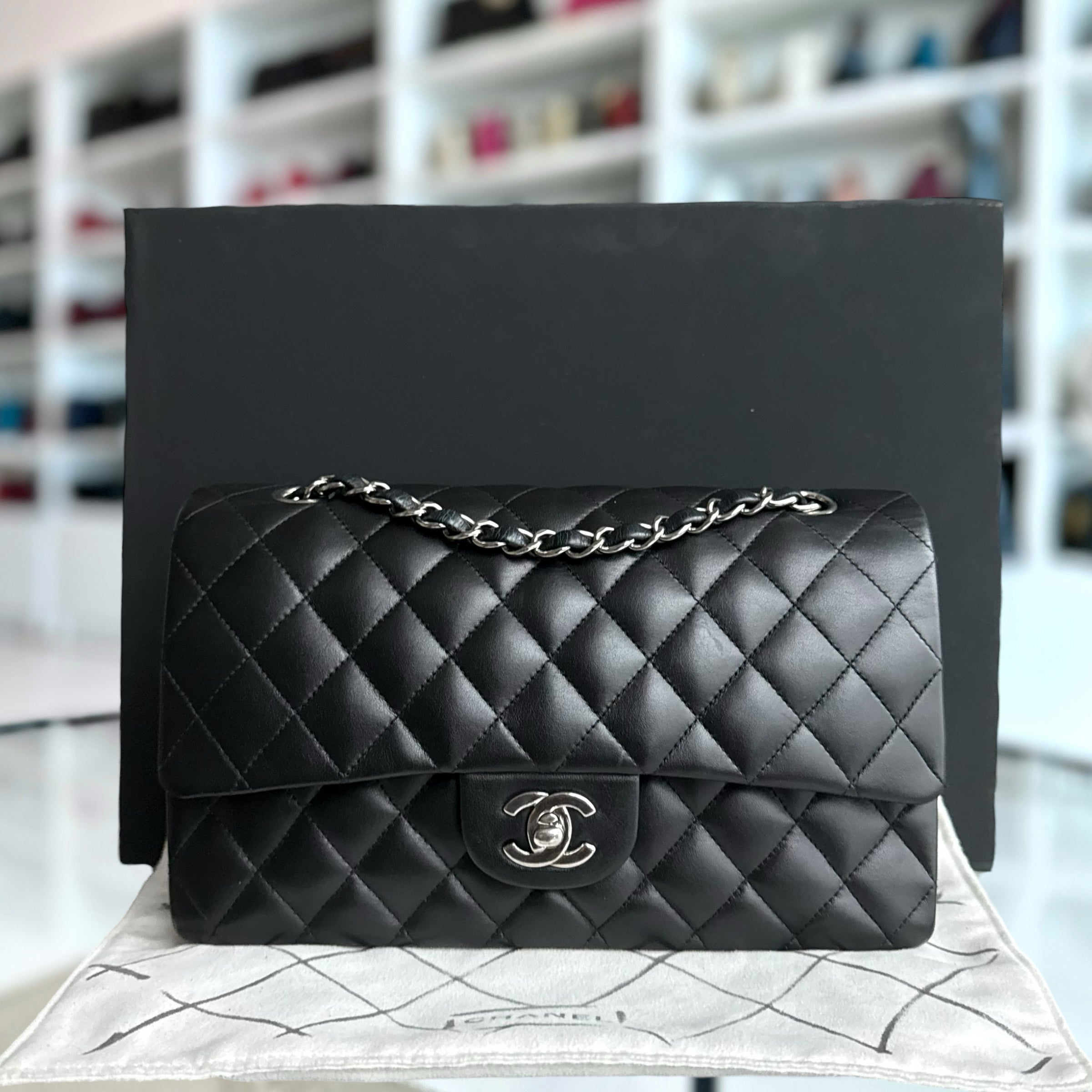 Chanel Classic Flap Medium - 25CM Quilted Lamsbkin Black Silver Hardware Series 10