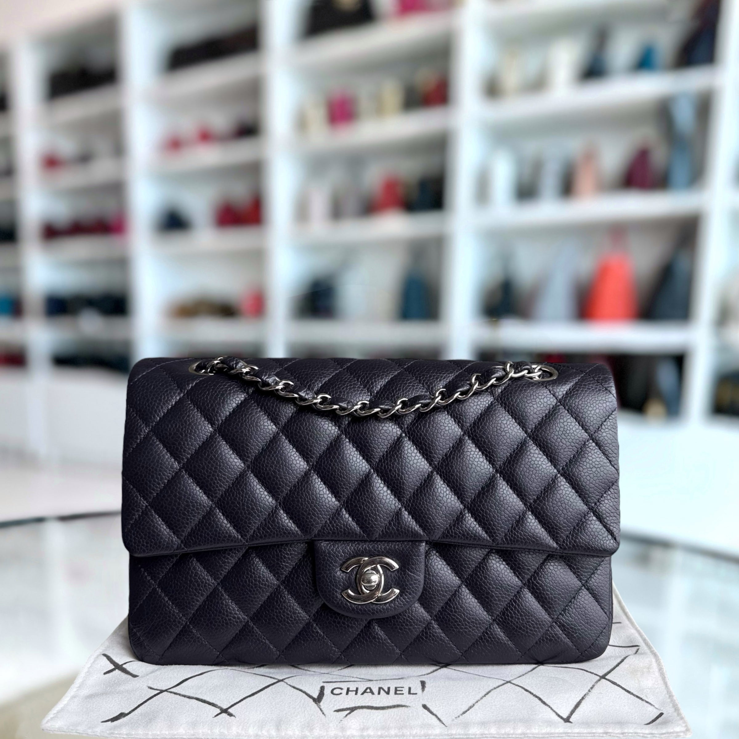 Chanel Classic Flap Medium - Caviar 25CM Quilted Dark Midnight Blue Silver Hardware Series 18