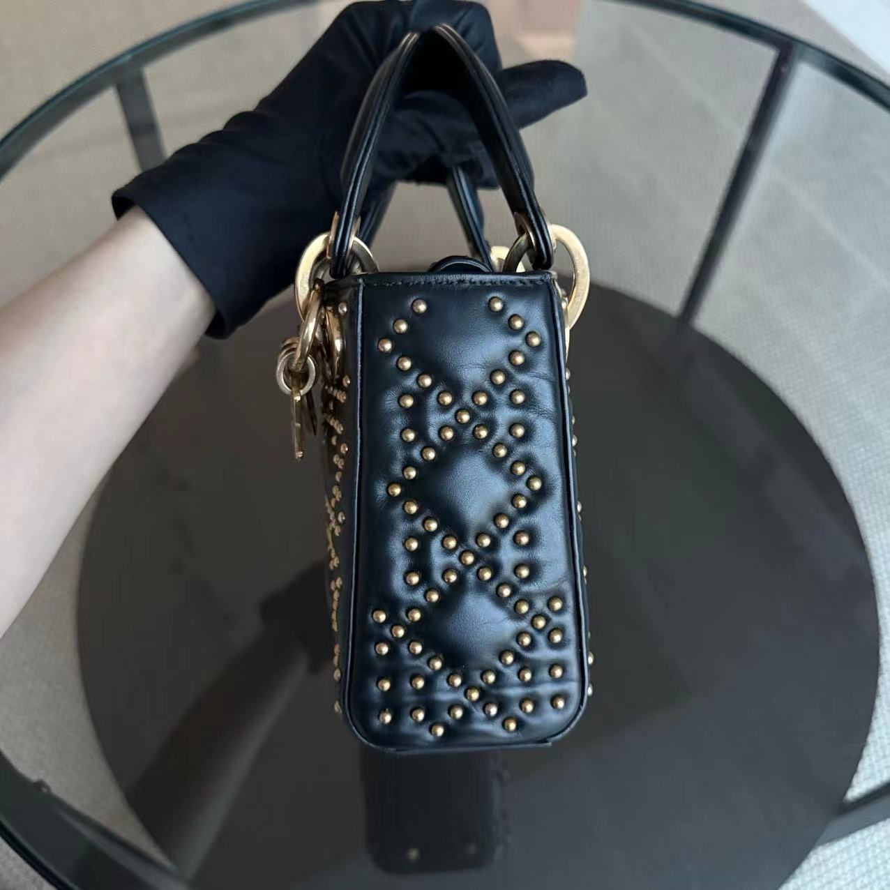 Dior Lady Mini Quilted Studded Lambskin Black Golden Hardware