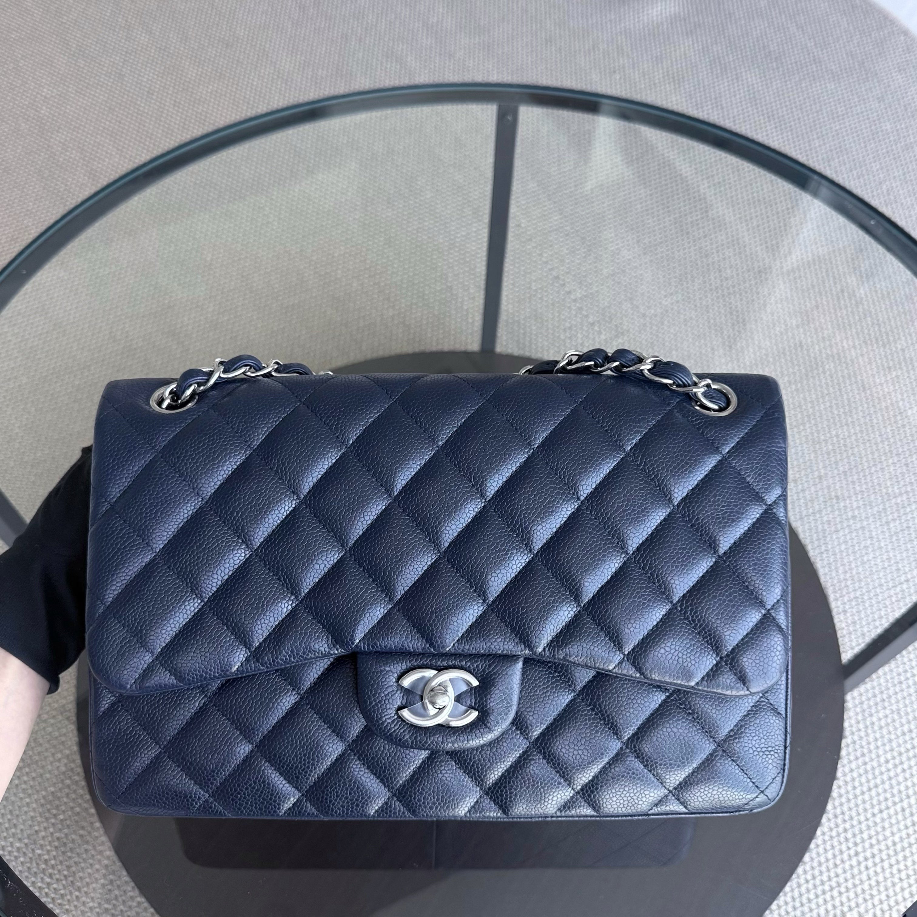 Chanel Classic Flap Jumbo - Caviar Double Flap 30CM Quilted Grained Calfskin Dark Navy Blue Silver Hardware Series 19