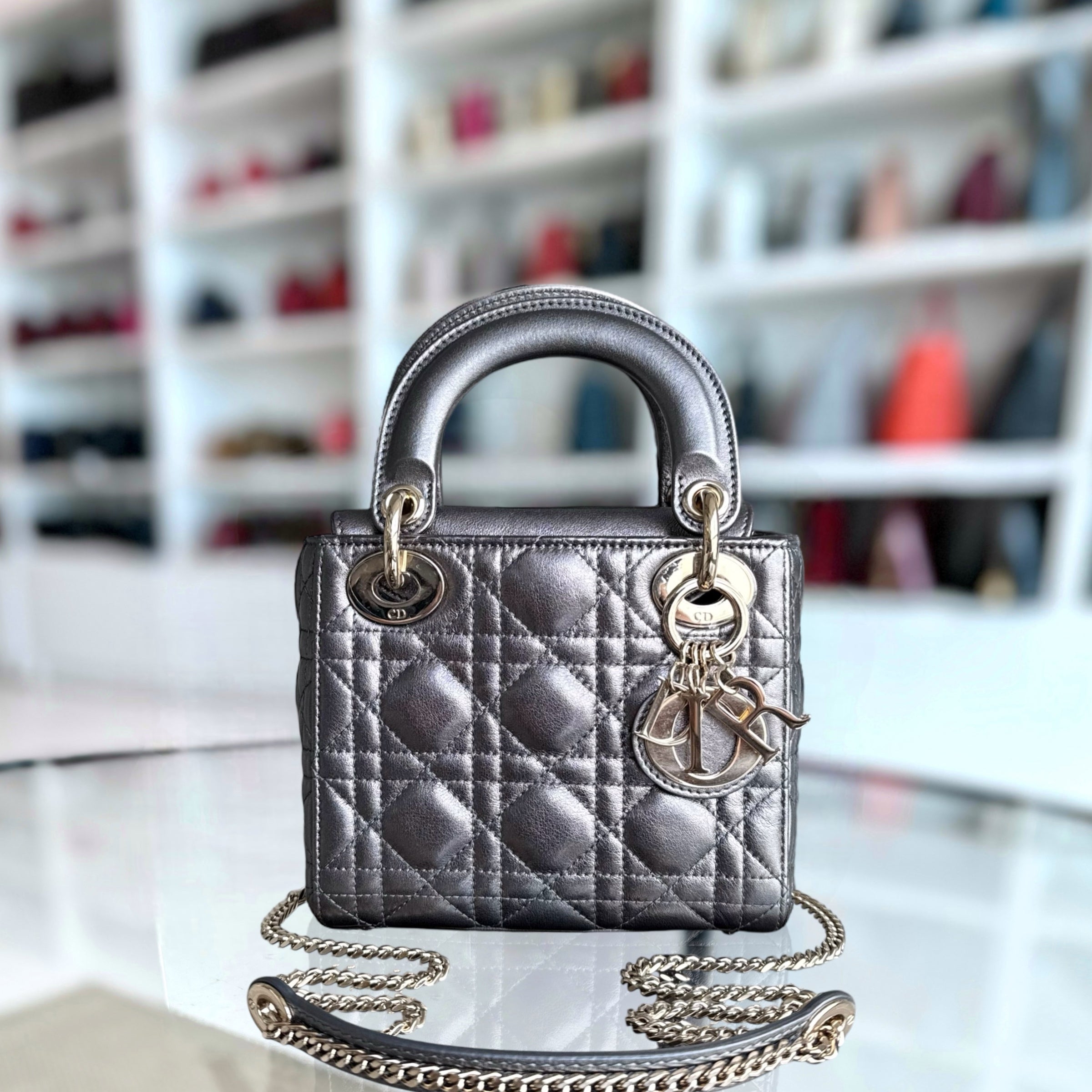 Dior Lady Mini - Cannage Calfskin Silver Gunmetal Gold Hardware Chain Strap