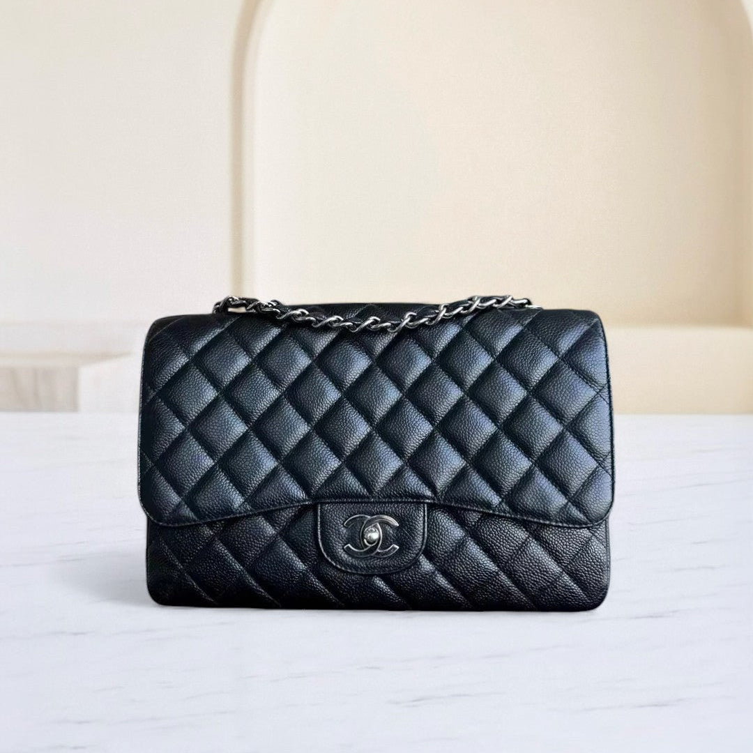 Chanel Caviar Jumbo Classic Flap Quilted Grained Calfskin Black Silver Hardware Series 13