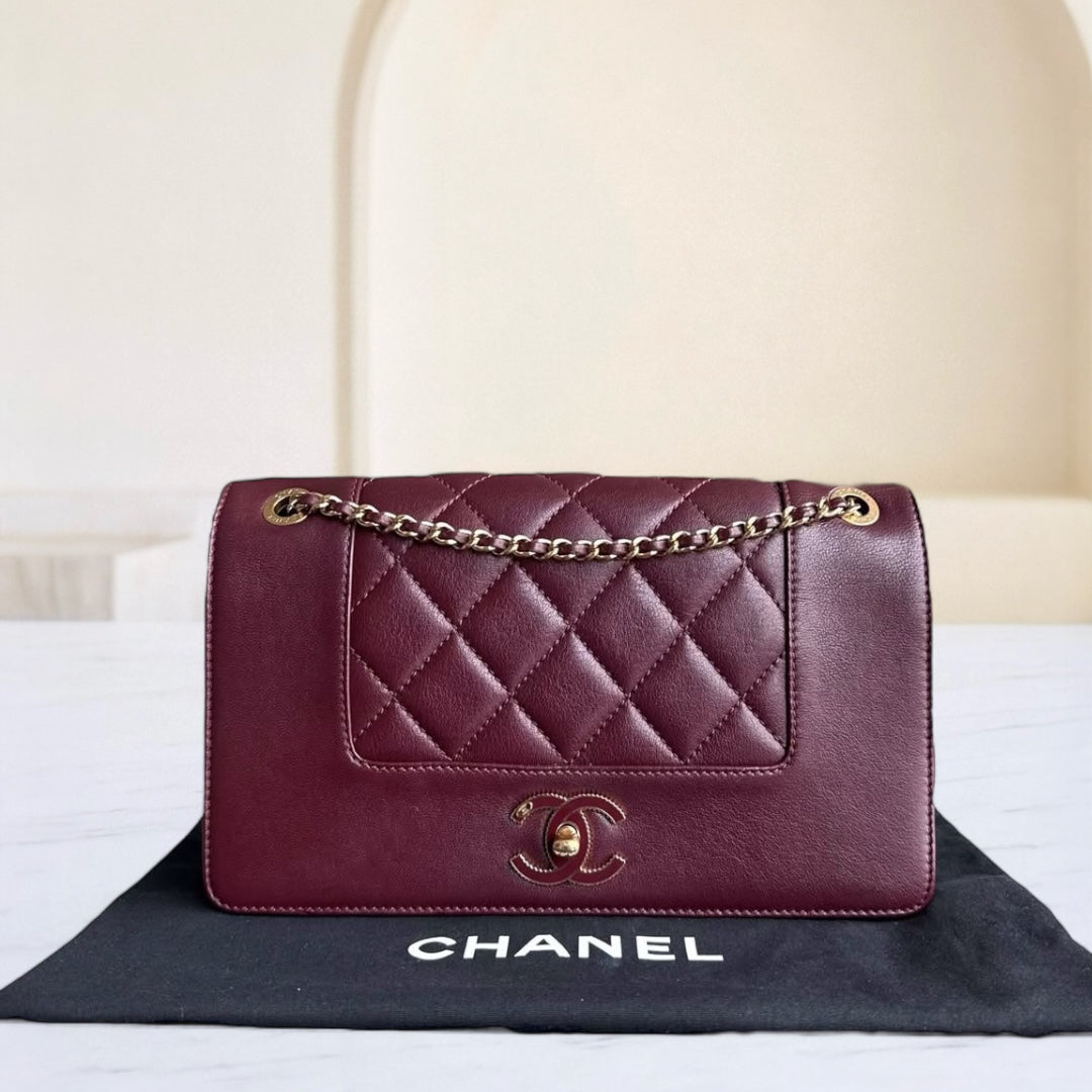 Chanel Mademoiselle Seasonal Flap - 25CM Quilted Lambskin Burgundy Gold Hardware Series 23