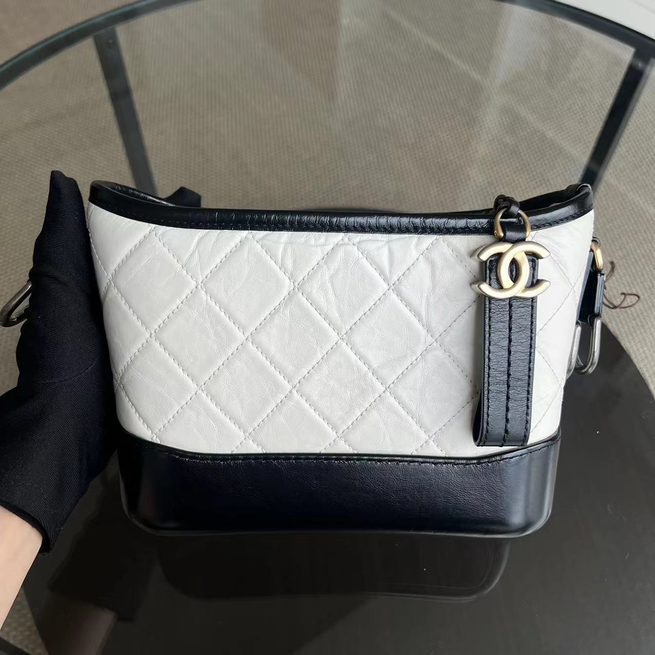 Chanel Gabrielle Small 20CM Quilted Calfskin White Black Two-Tone Hardware