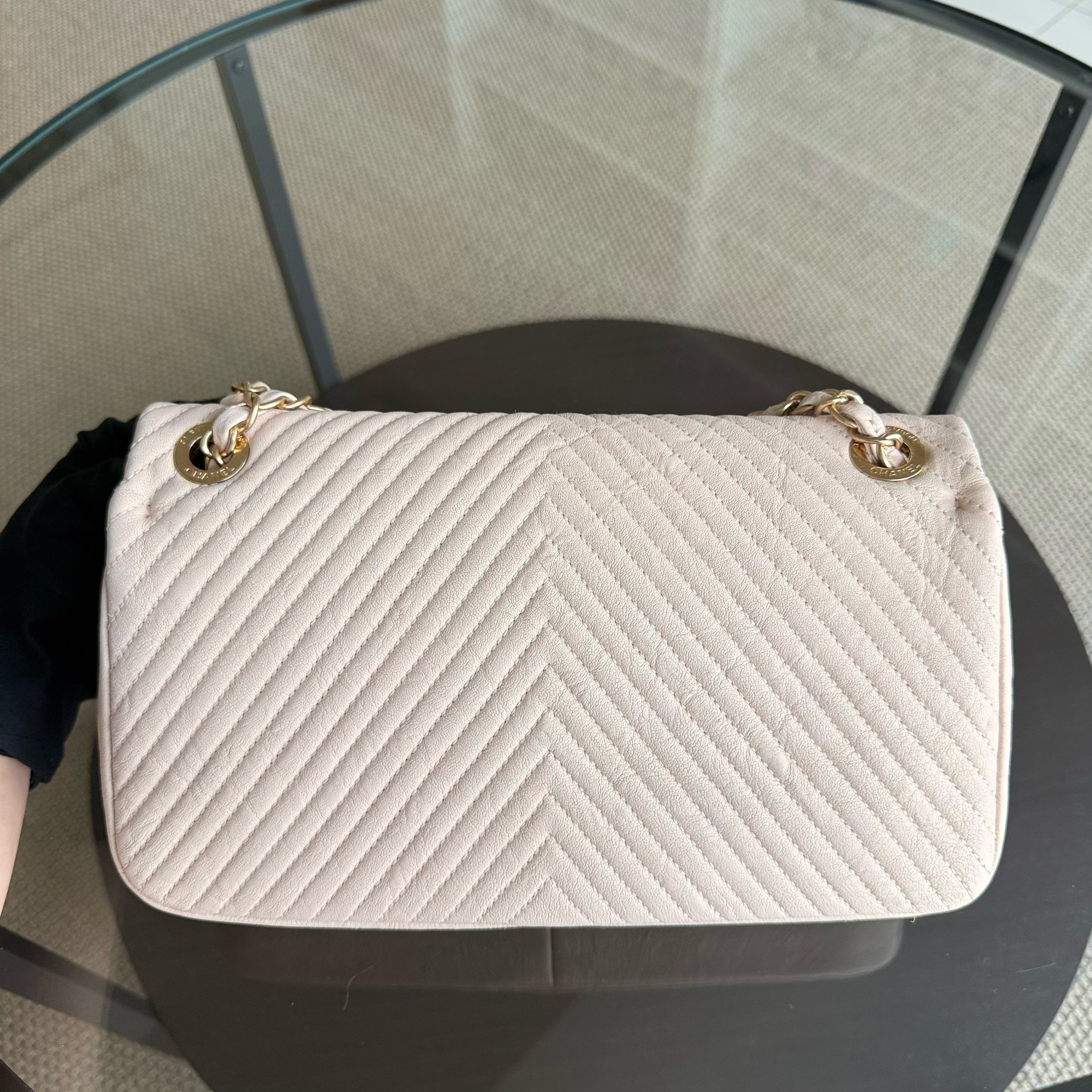 Chanel Surpique Seasonal Cruise Flap - Wrinkled Chevron Lambskin Quilted Medium Flap Beige Gold Hardware Series 18