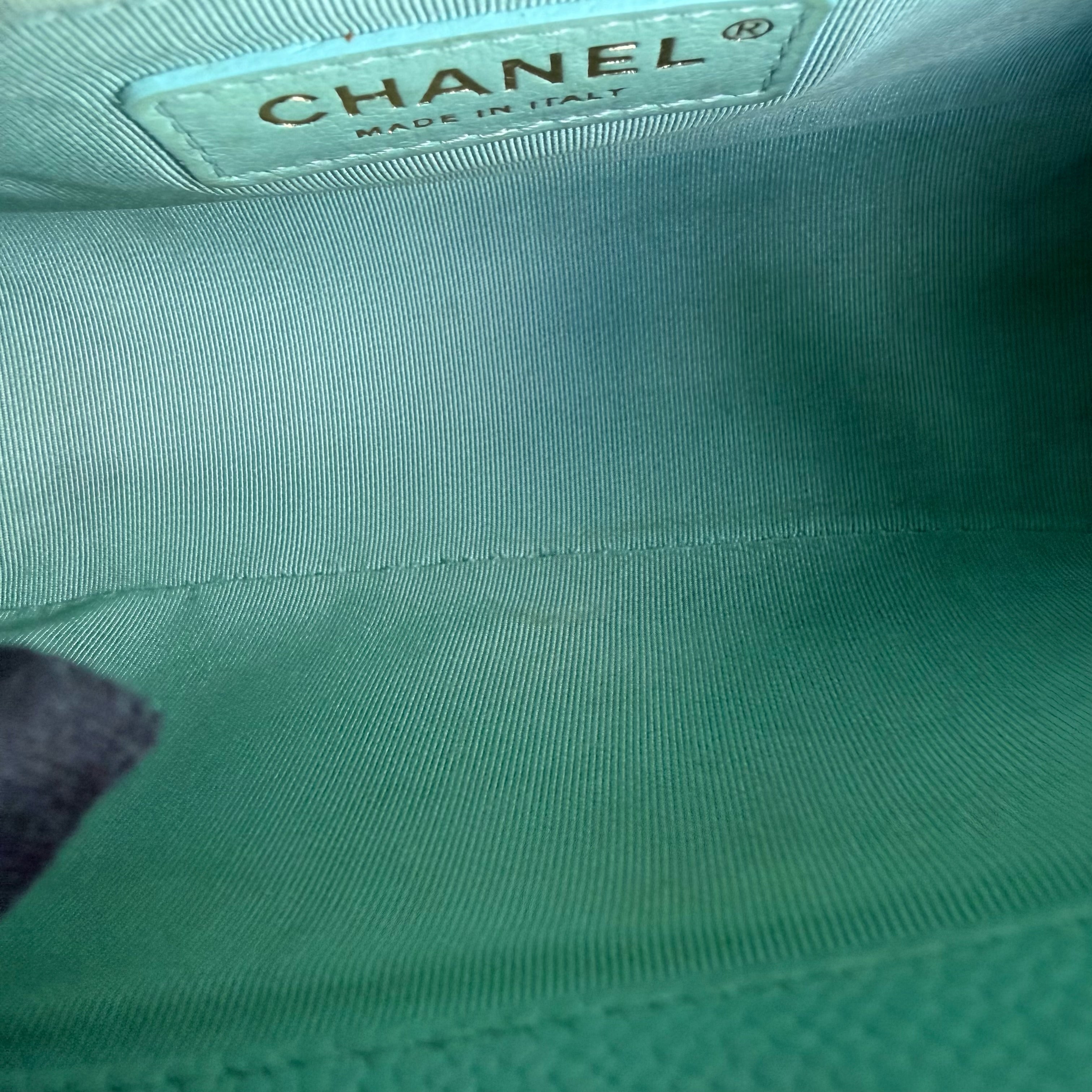 Chanel Boy Small - Caviar 20CM Quilted Tiffany Blue Gold Hardware Series 28