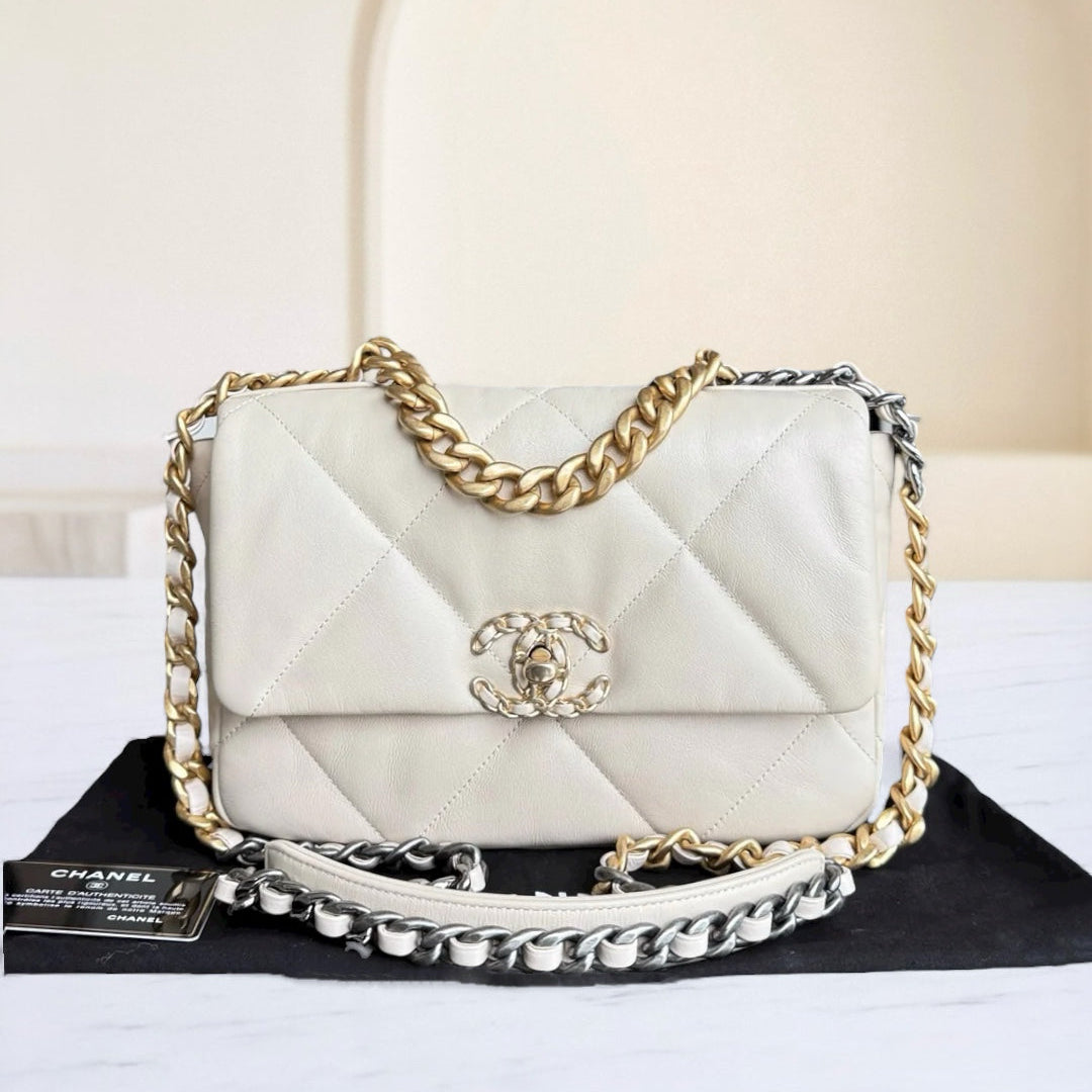 Chanel 19 Bag  Small- C19 Quilted Goatskin Light Beige Cream Two-tone Hardware Series 30