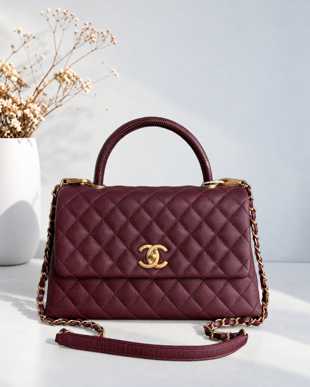 Chanel Coco Handle Medium - Caviar 29CM Quilted Burgundy Gold Hardware Series 24