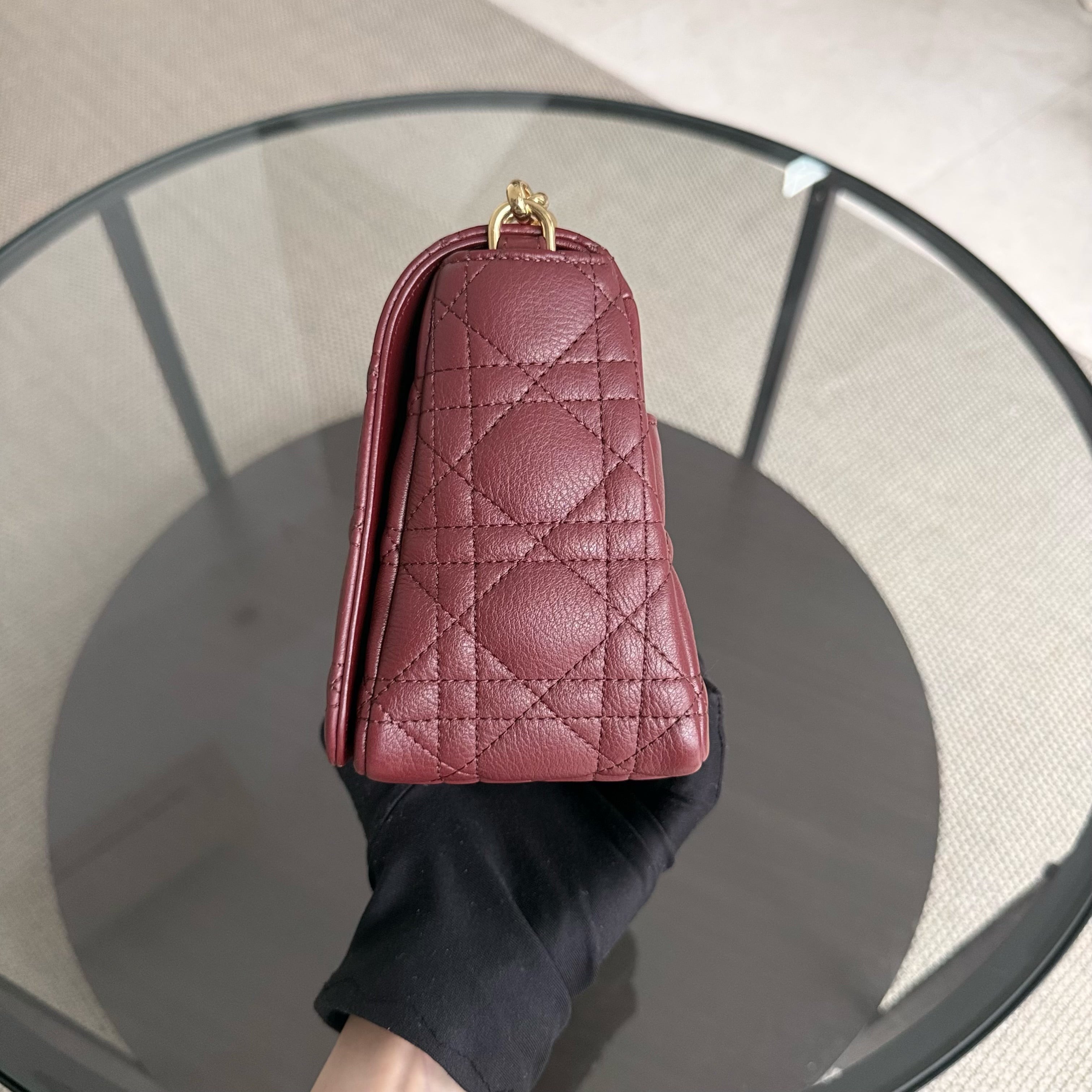 Dior Caro Medium - Cannage Grained Calfskin Burgundy Gold Hardware