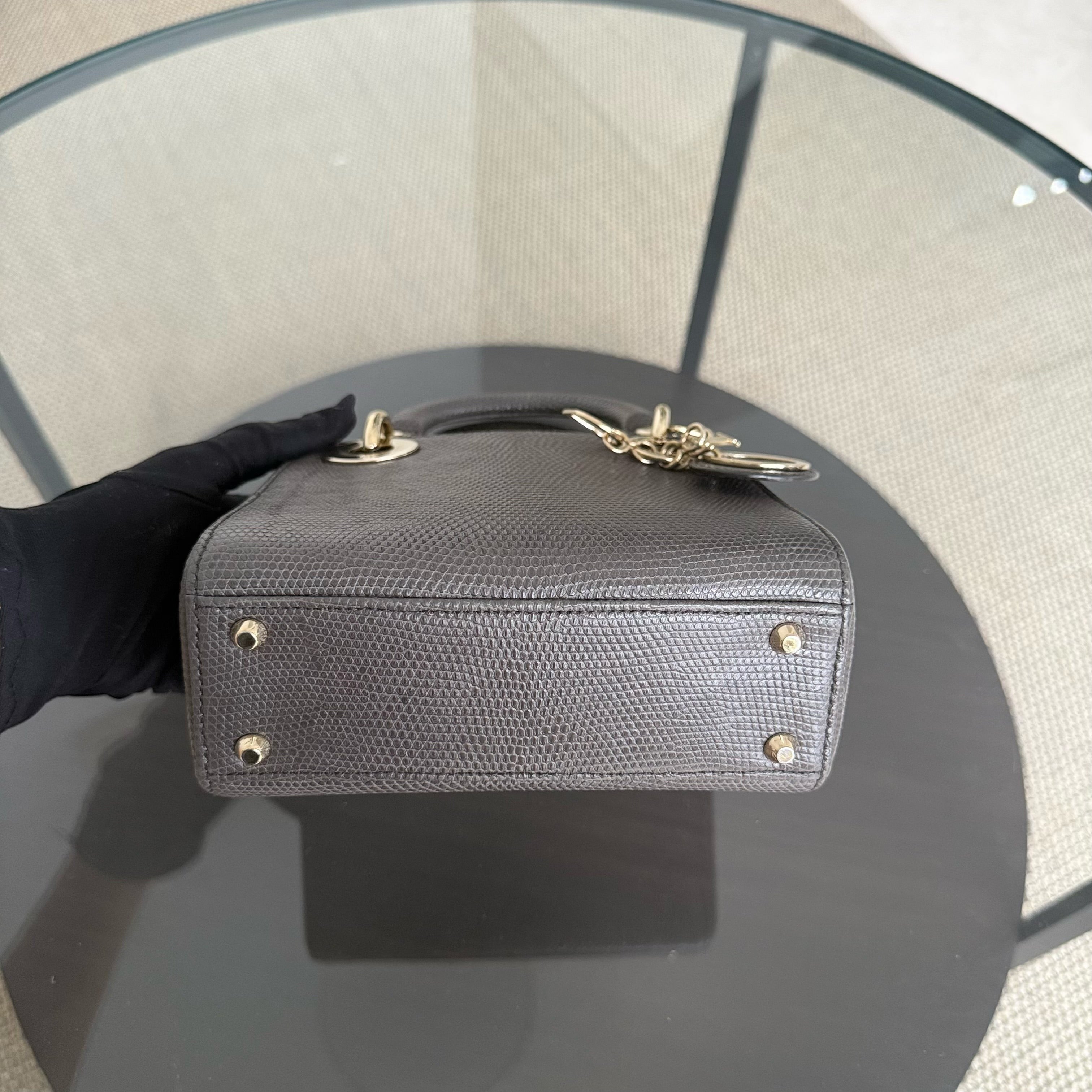 Dior Lady Mini - Exotic Lizard Dark Gray Grey color Gold Hardware