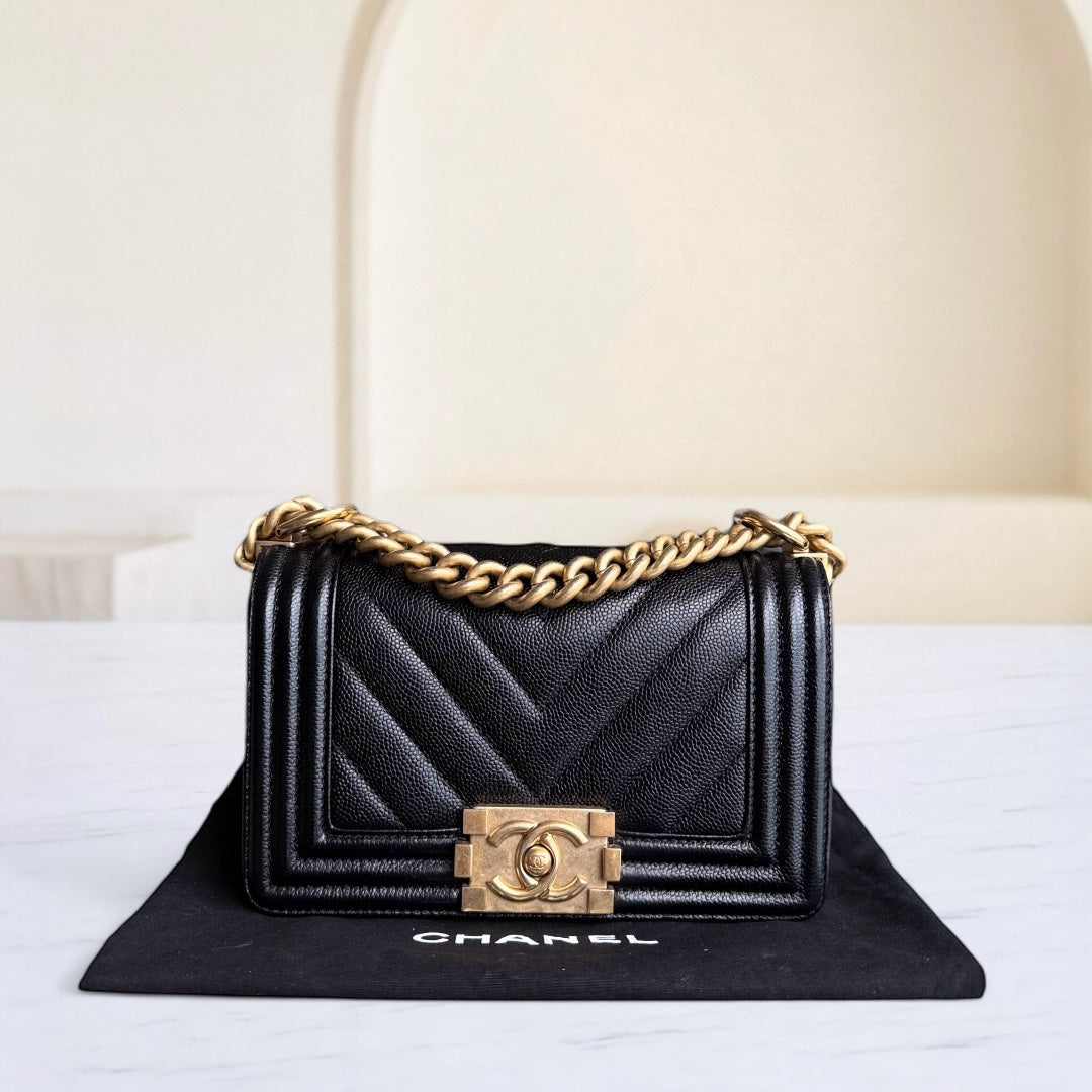 Chanel Boy Small - Caviar 20CM Quilted Black Gold Hardware Series 24
