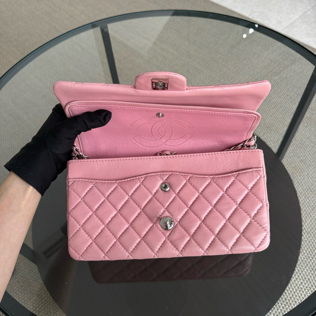 Chanel Classic Flap Medium - 25CM Quilted Lambskin Light Pink Silver Hardware Series 12