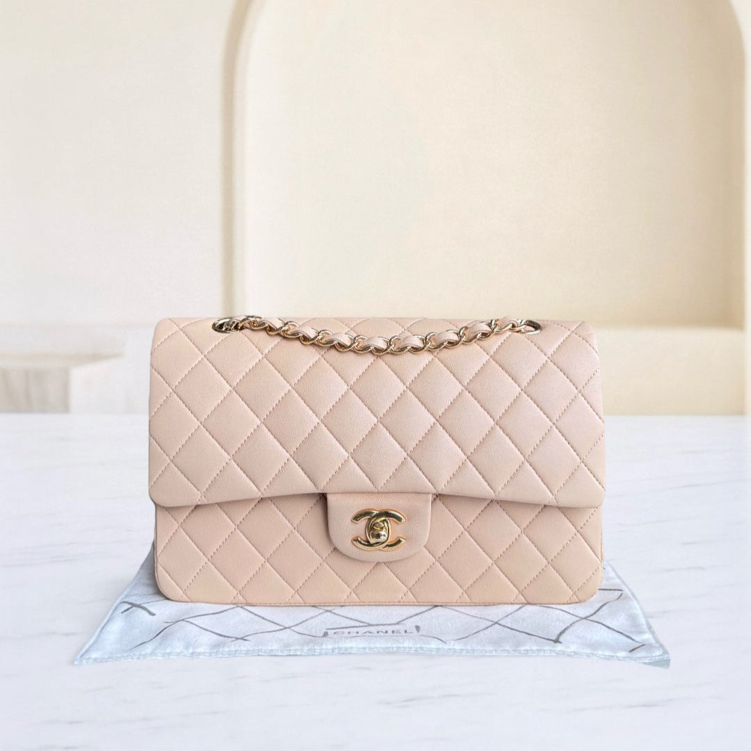 Chanel Classic Flap Medium - 25CM Quilted Lambskin Beige Gold Hardware Series 16