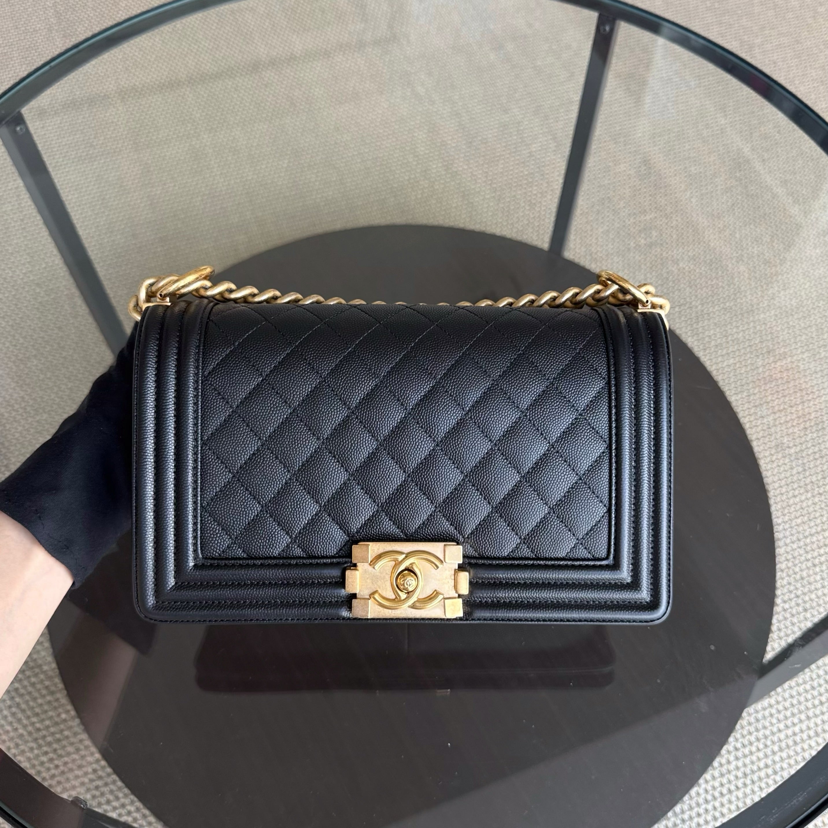 Chanel Boy Medium - Caviar 25CM Quilted Grained Calfskin Black Gold Hardware Series 29