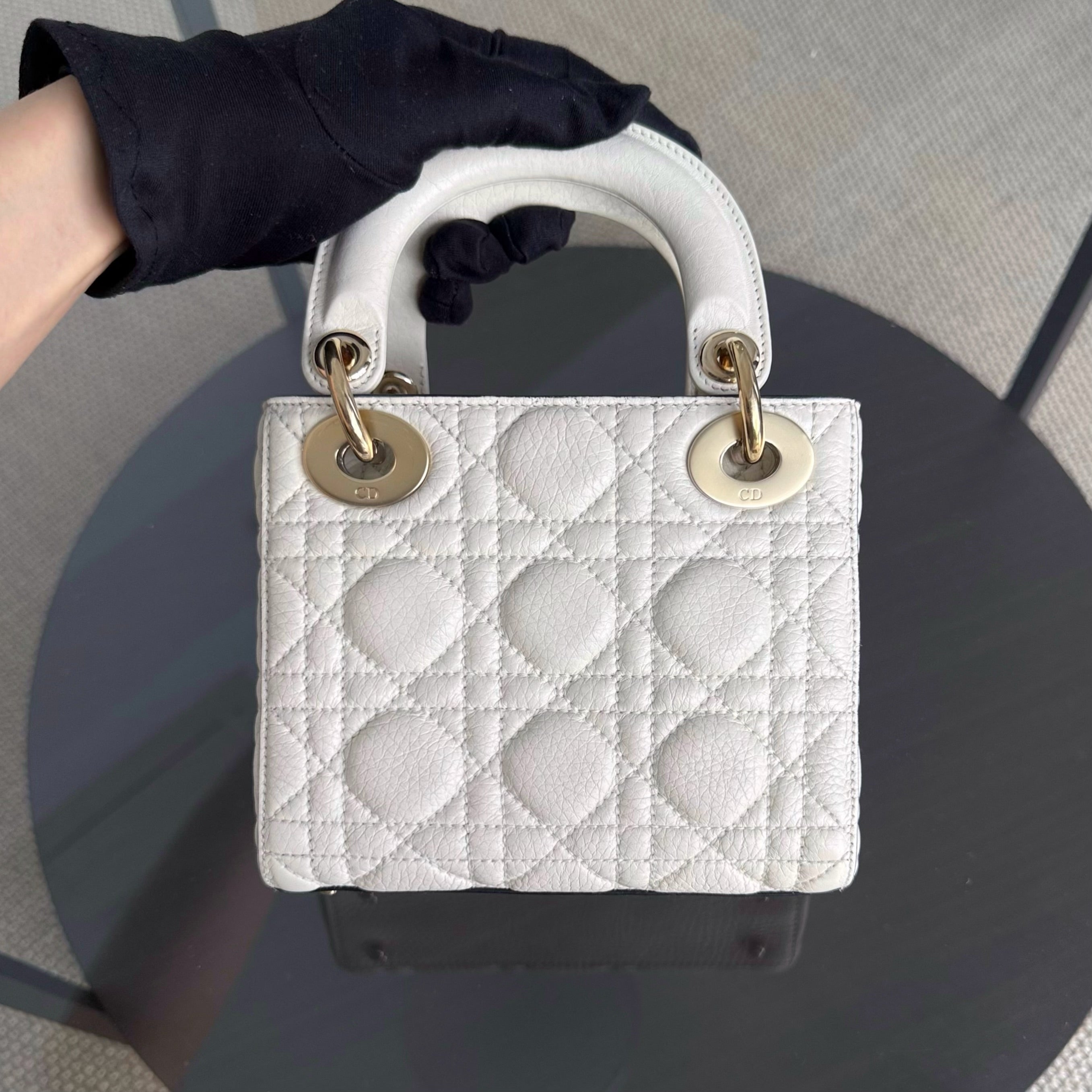 Dior Lady Mini - Cannage Grained Calfskin White Gold Hardware
