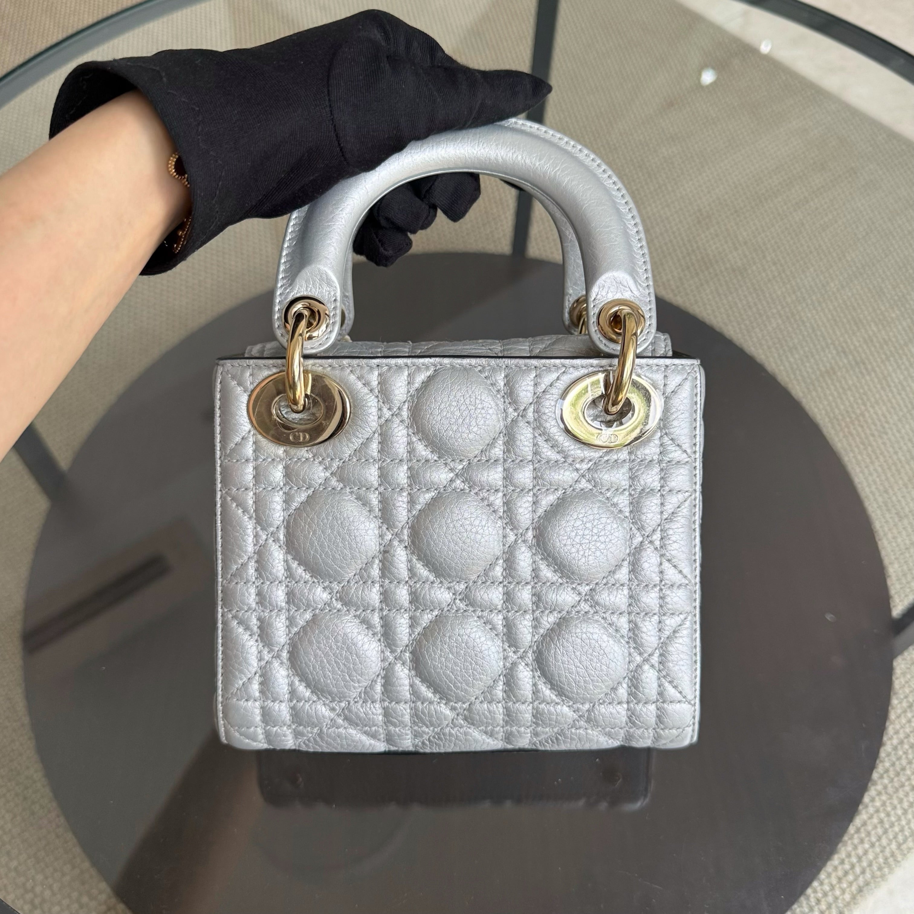 Dior Lady Mini - Cannage Caviar Gray Grey Gold Hardware
