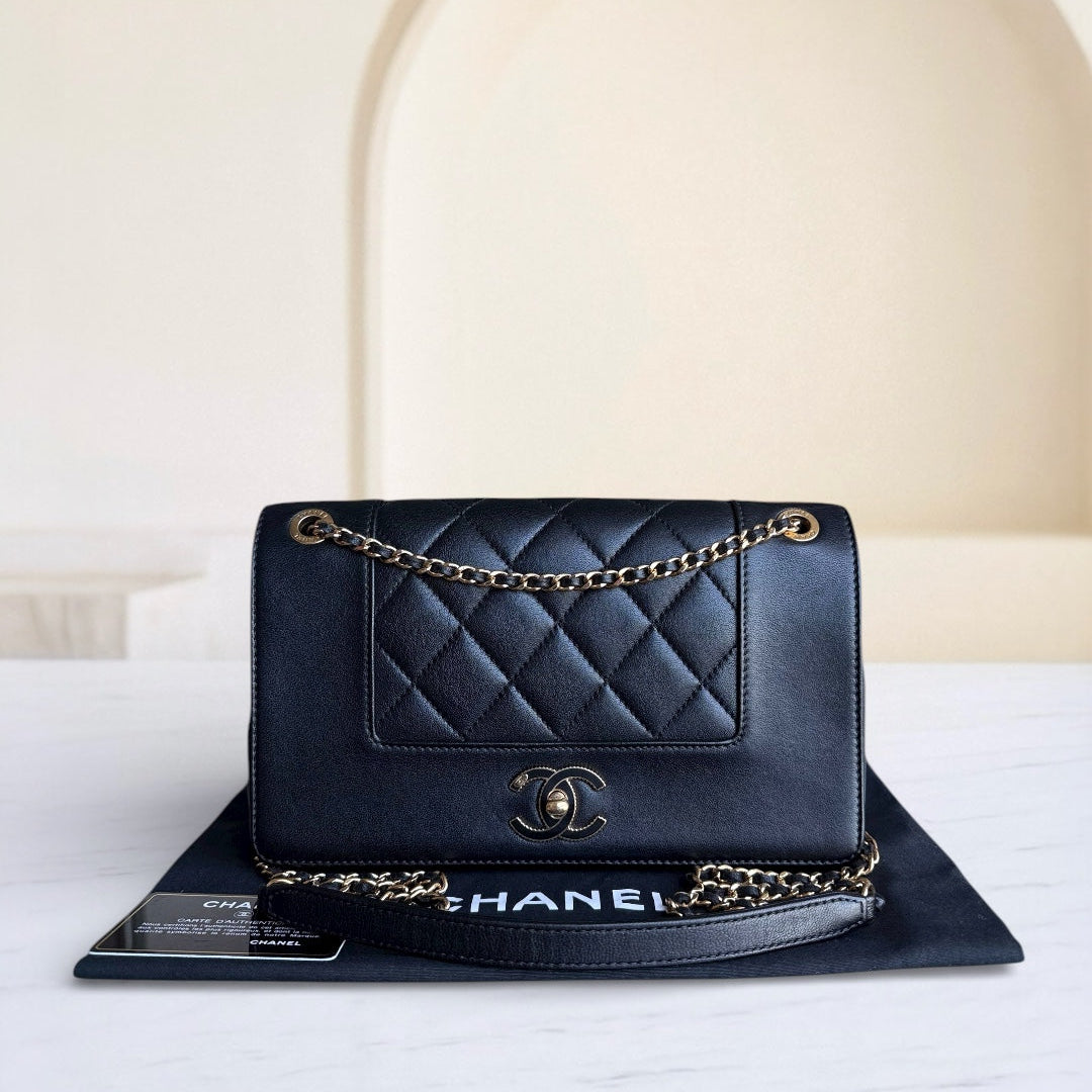 Chanel Seasonal Flap Mademoiselle  - Quilted Calfskin Black Gold Hardware Series 21