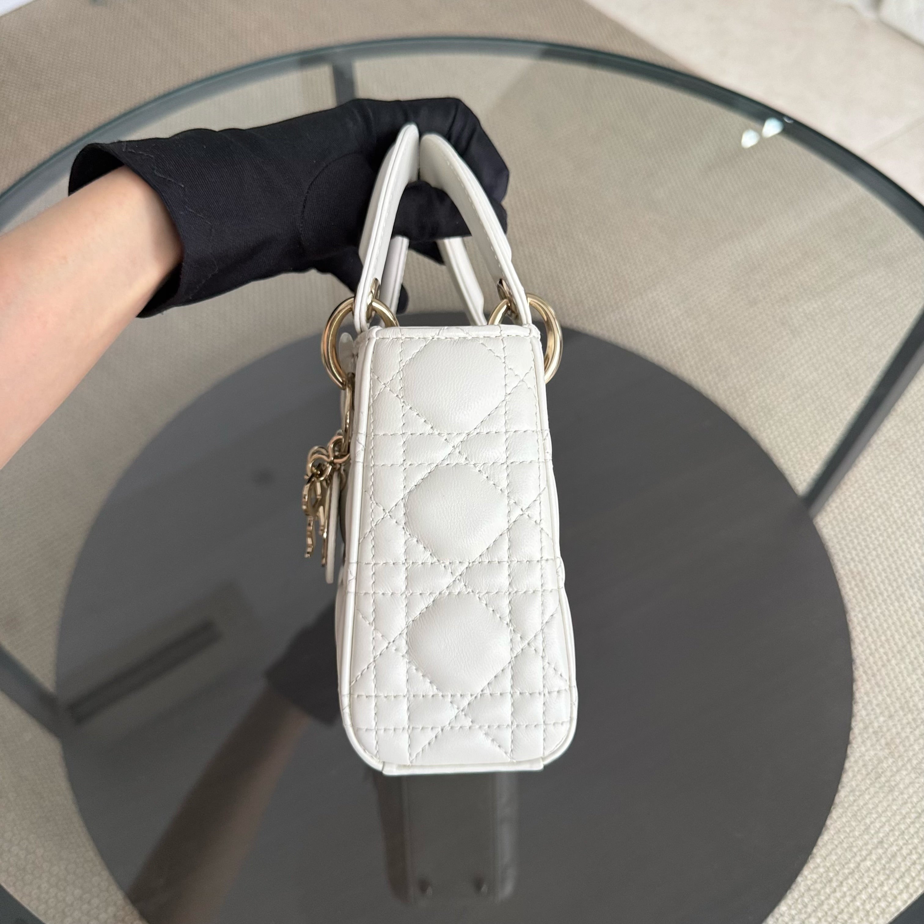 Dior Lady Mini - Year 2024 Cannage Lambskin White Gold Hardware Chain Strap