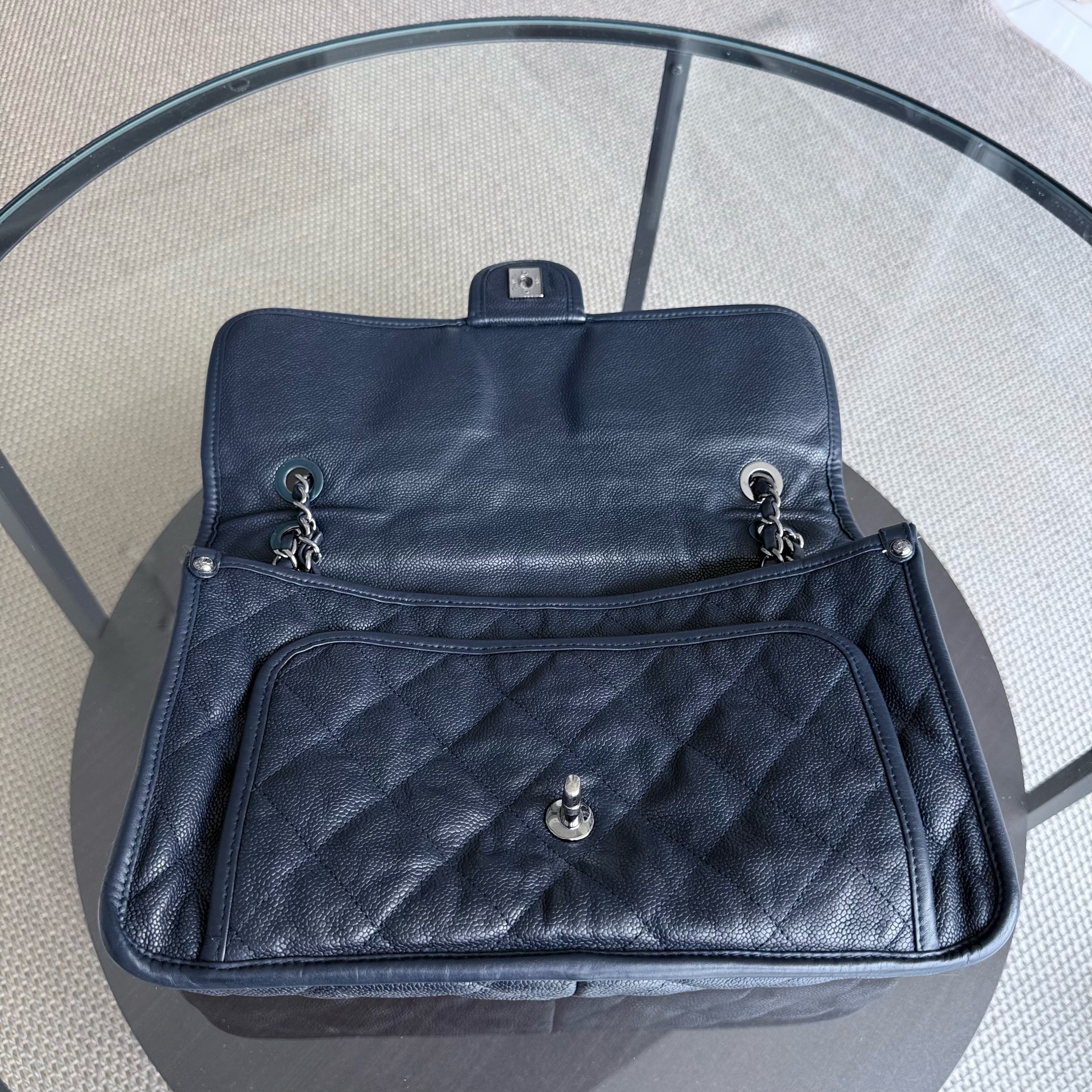 Chanel Seasonal Flap French Riviera Jumbo - Caviar 30CM Quilted Calfskin Dark Blue Silver Hardware Series 19