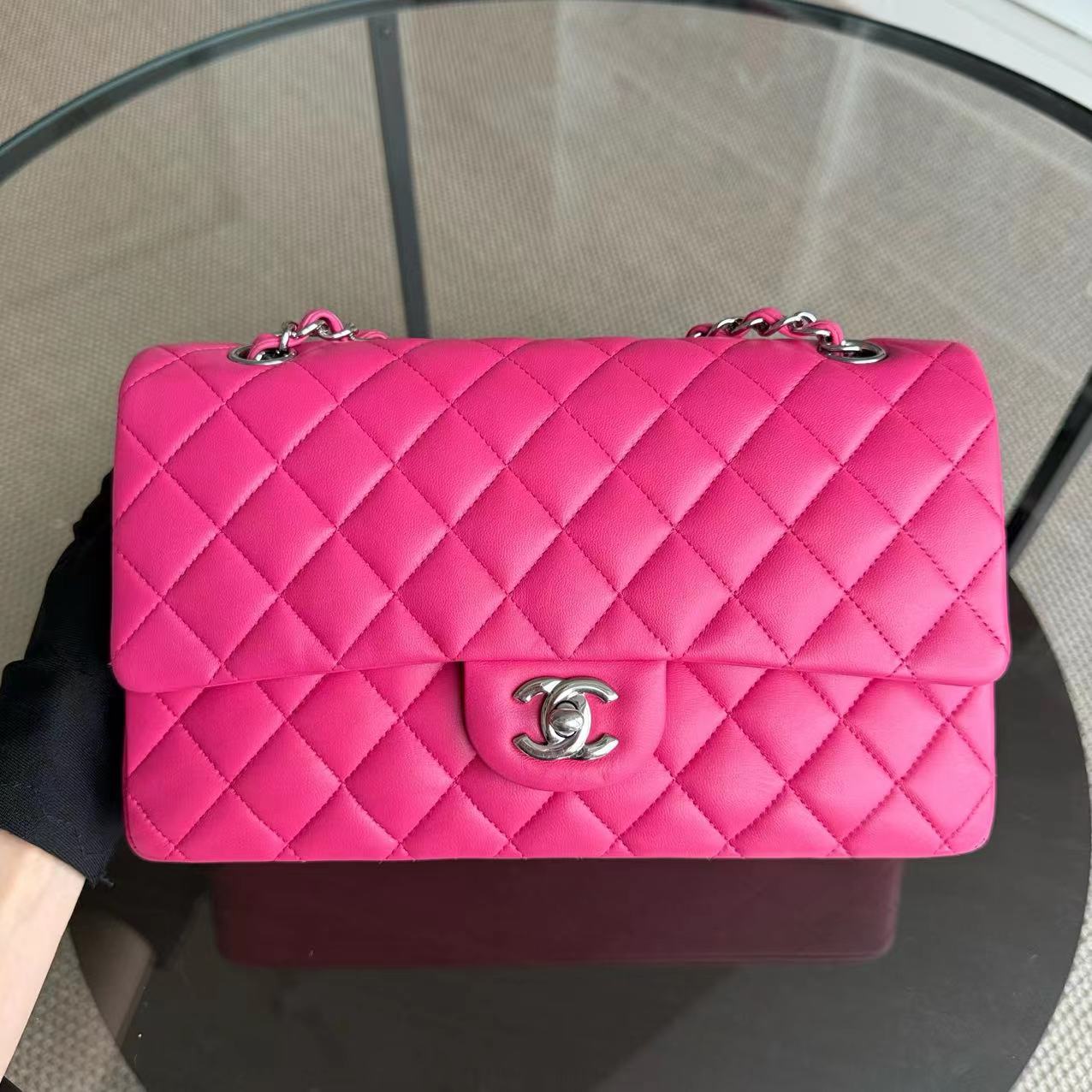 Chanel Classic Flap Medium Bag - Quilted Lambskin Hot Pink Silver Hardware Series 19